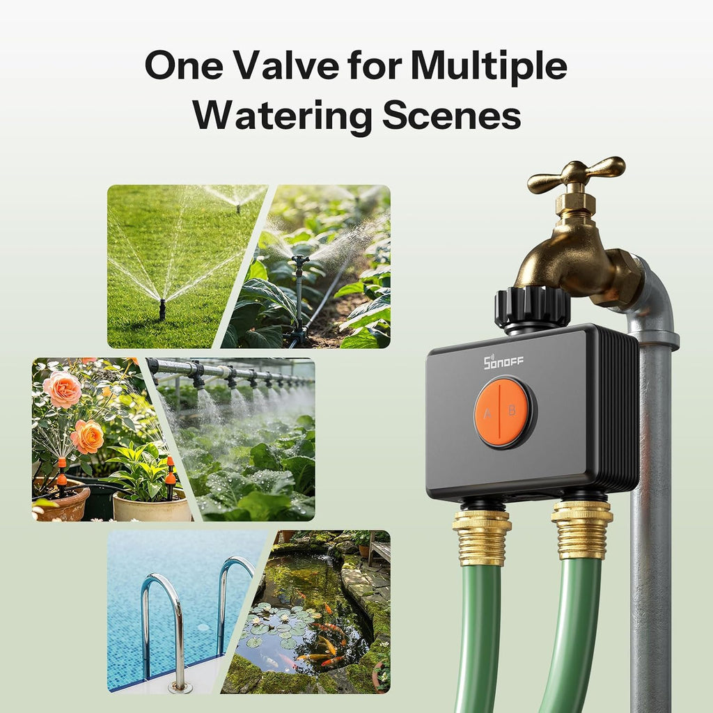 SONOFF SWV-ZF2U Hydro DUO Zigbee Smart 2 Zone Sprinkler Timer, Brass Inlet, IP65, Type-C & 4 AA Battery Powered