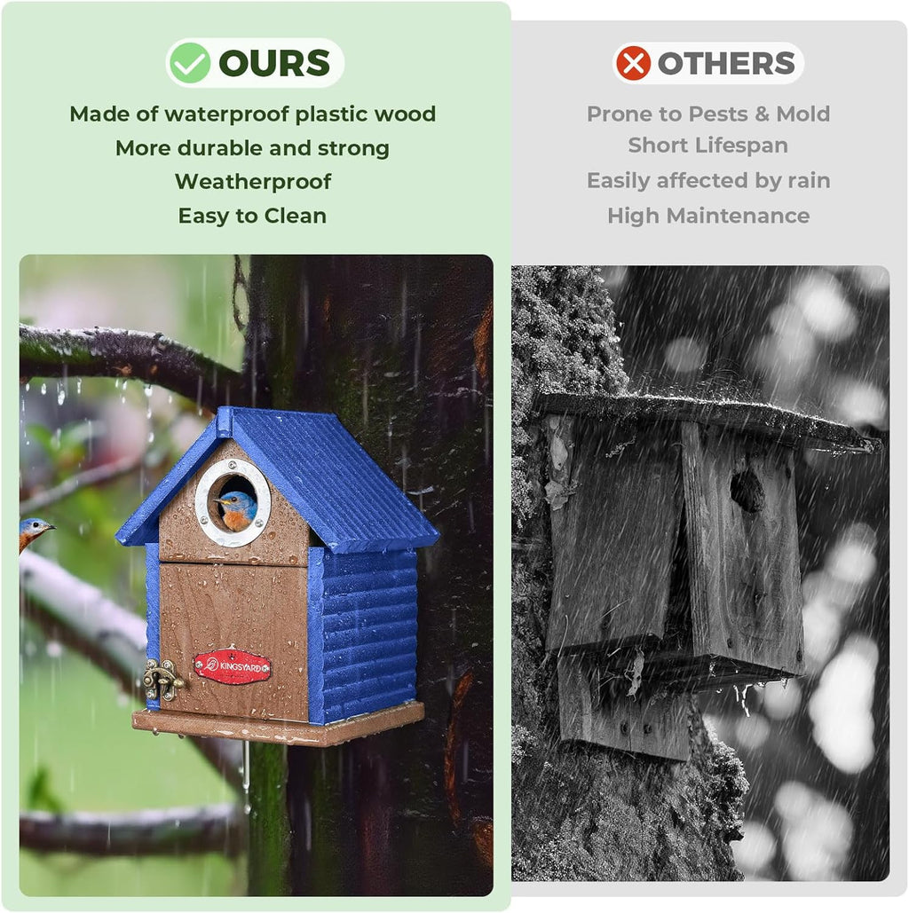 Kingsyard Recycled Plastic Bird House for Outdoors - Weatherproof Nesting Box with Clear View Panel & Predator Guard