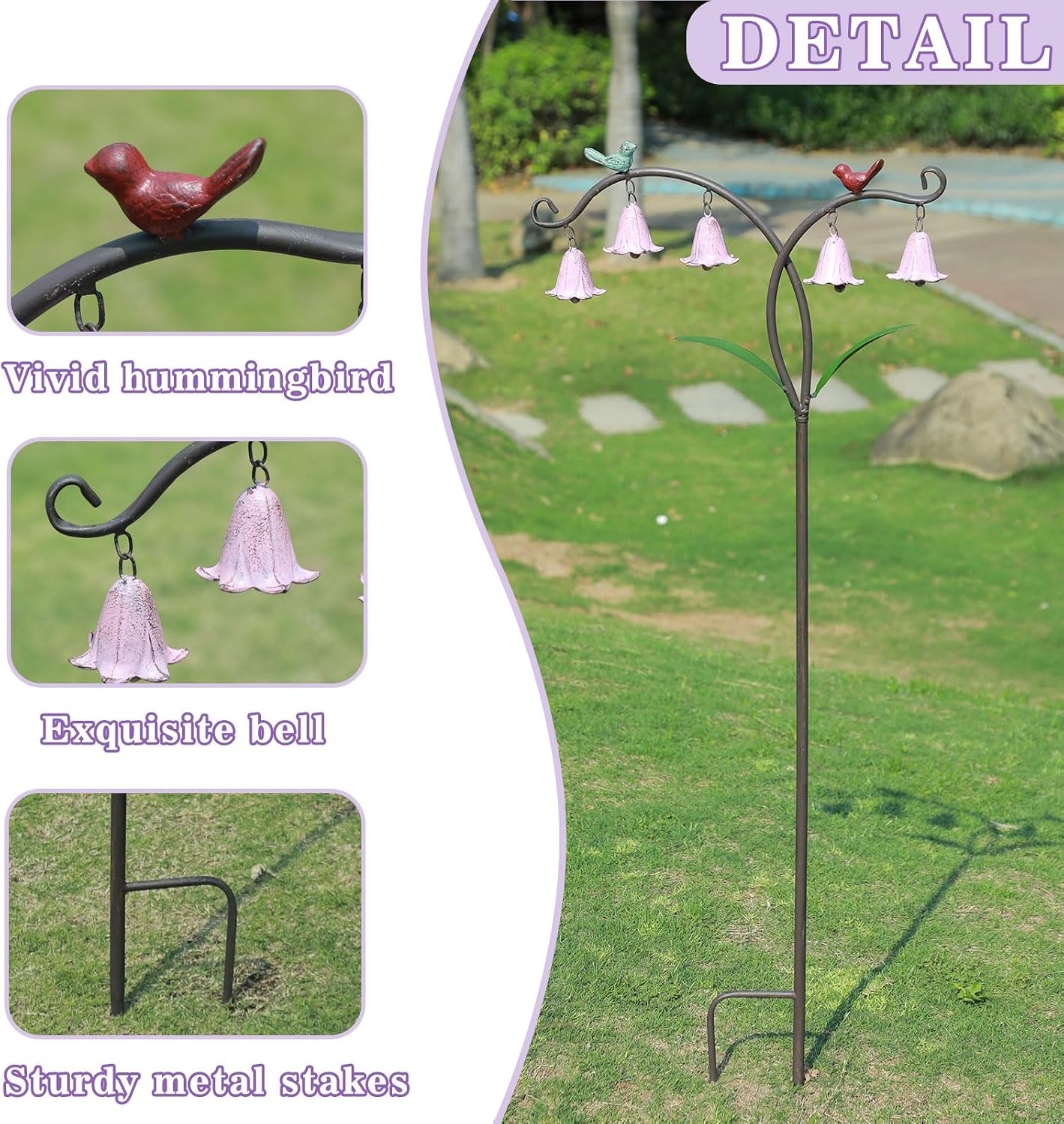 45.5"H Decorative Garden Stakes with Bells,Metal Flowers for Outside | Garden Art for Patio,Lawn, Pathway & Flower Bed