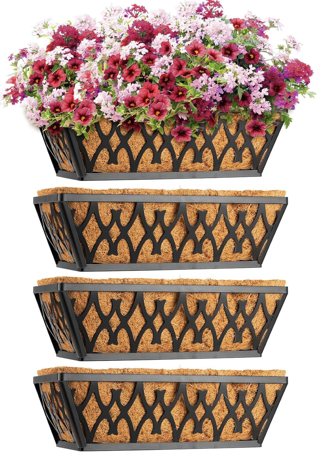 4 Pack 14 Inch Window Boxes Planters Railing Planter Box with Coco Liners Deck Railing Planter Boxes Balcony Hanging