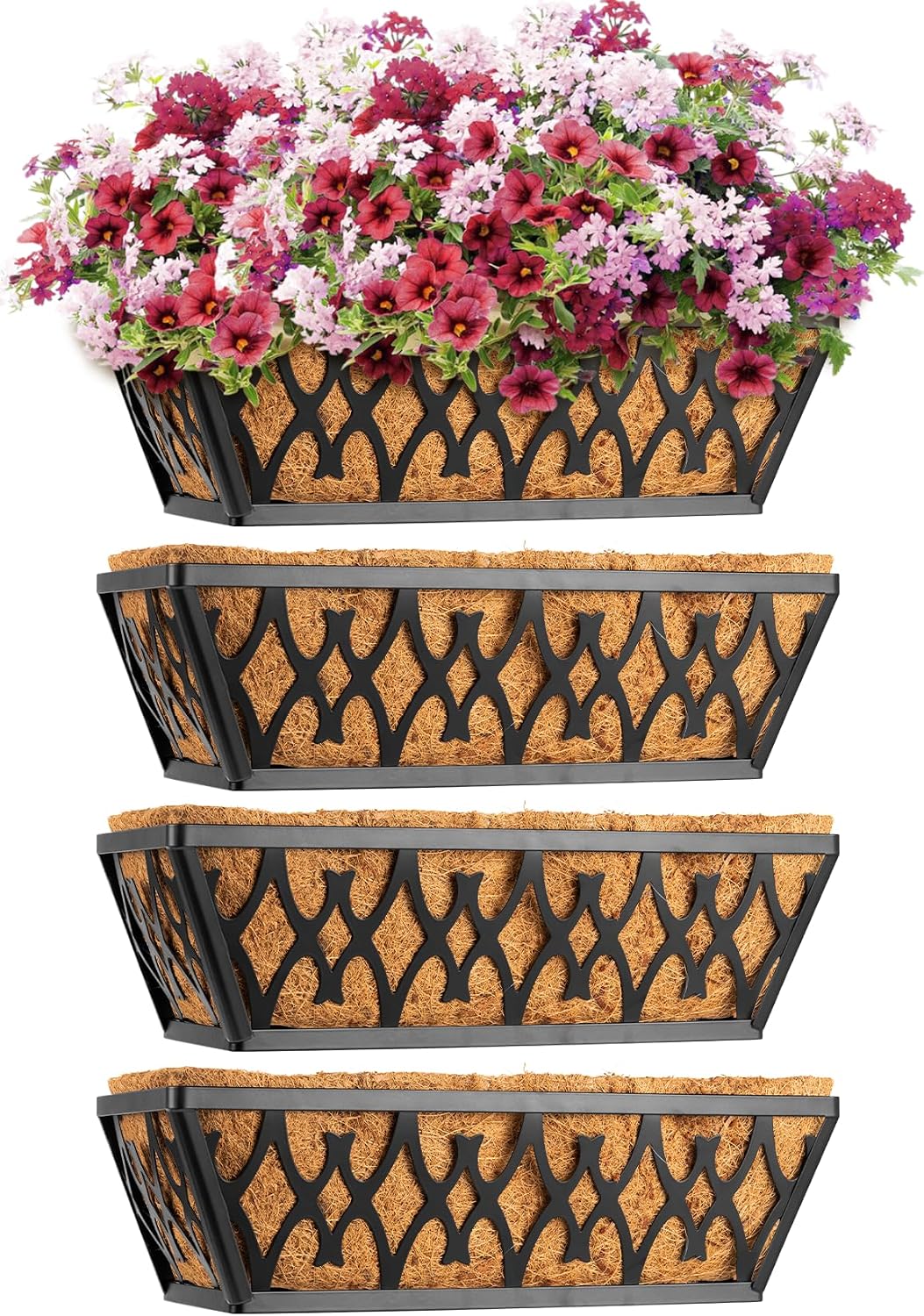 4 Pack 14 Inch Window Boxes Planters Railing Planter Box with Coco Liners Deck Railing Planter Boxes Balcony Hanging