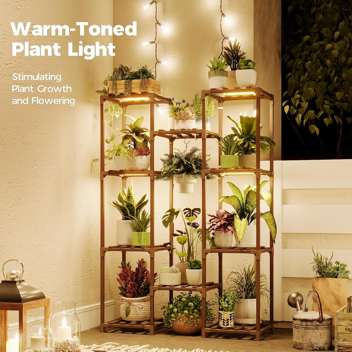 Bamworld Plant Stand with Grow Light Plant Shelf for Mutiple Pots Large Plant Holder for Living Room Patio Boho Home