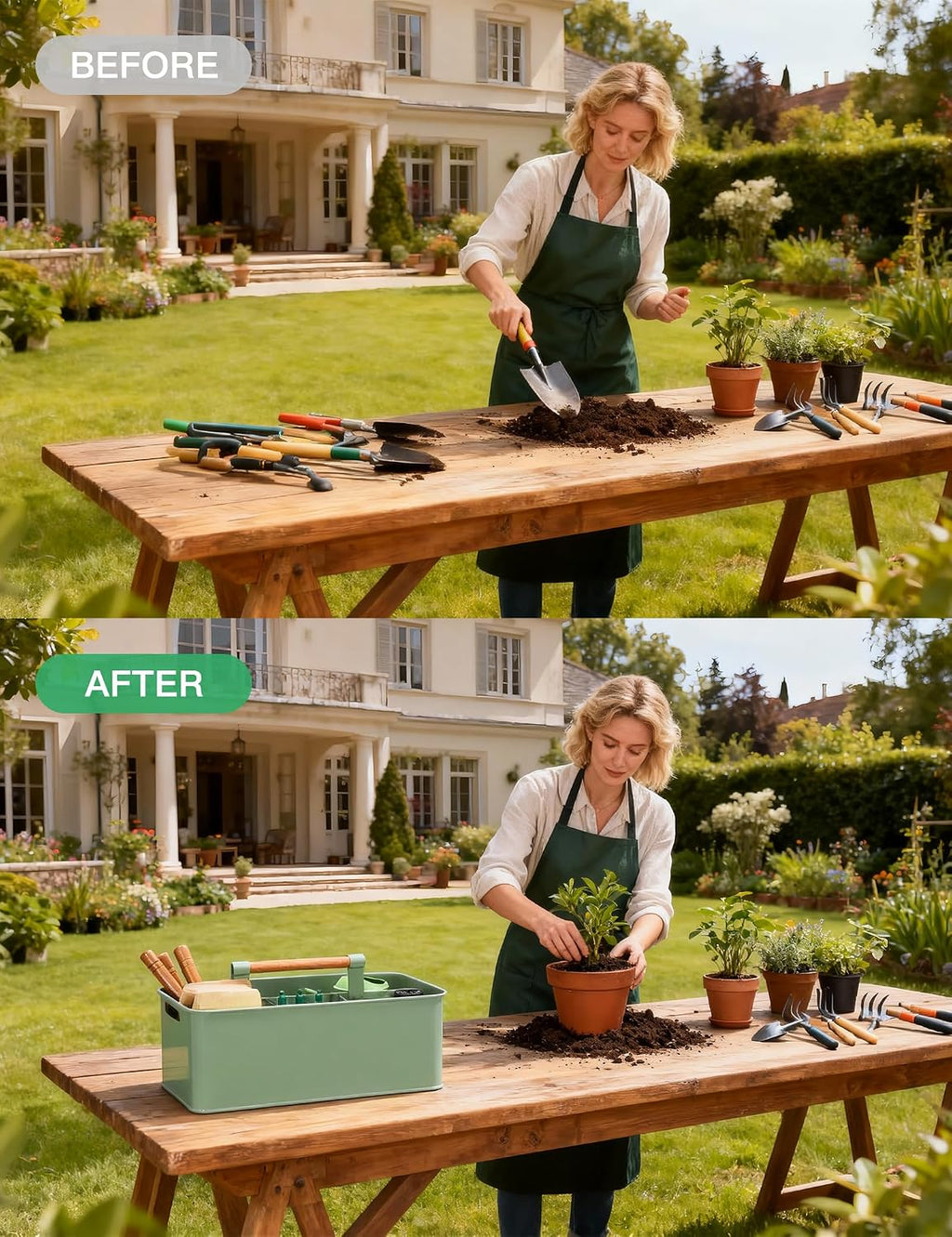 Gardening Tool Caddy, Wooden Handle and 4 Compartments | Metal Green Garden Tool Basket, Large Capacity Garden Caddy