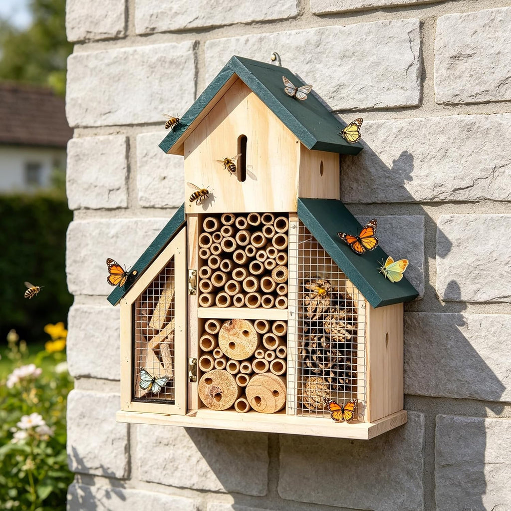 Hanging Bee House 9.5 * 3.7 * 13inch – Wooden Insect House Outdoor Solitary Bee Hive for Garden, Natural Beneficial