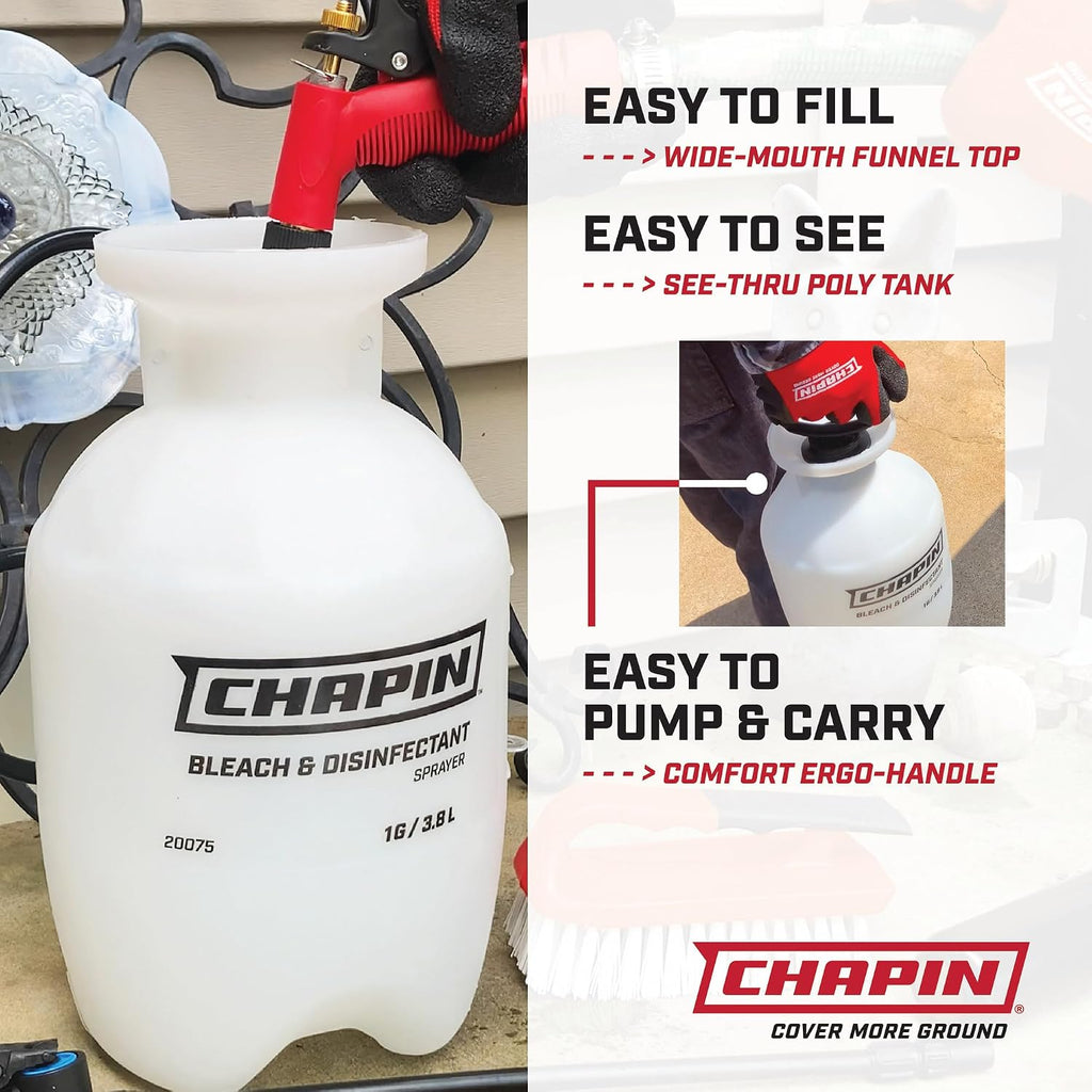 Chapin 20075 Bleach Pump Sprayer,1‑Gallon,Lawn&Garden,Bleach‑Resistant Poly Tank,Funnel‑Top,Anti‑Clog Filter,Adjustable