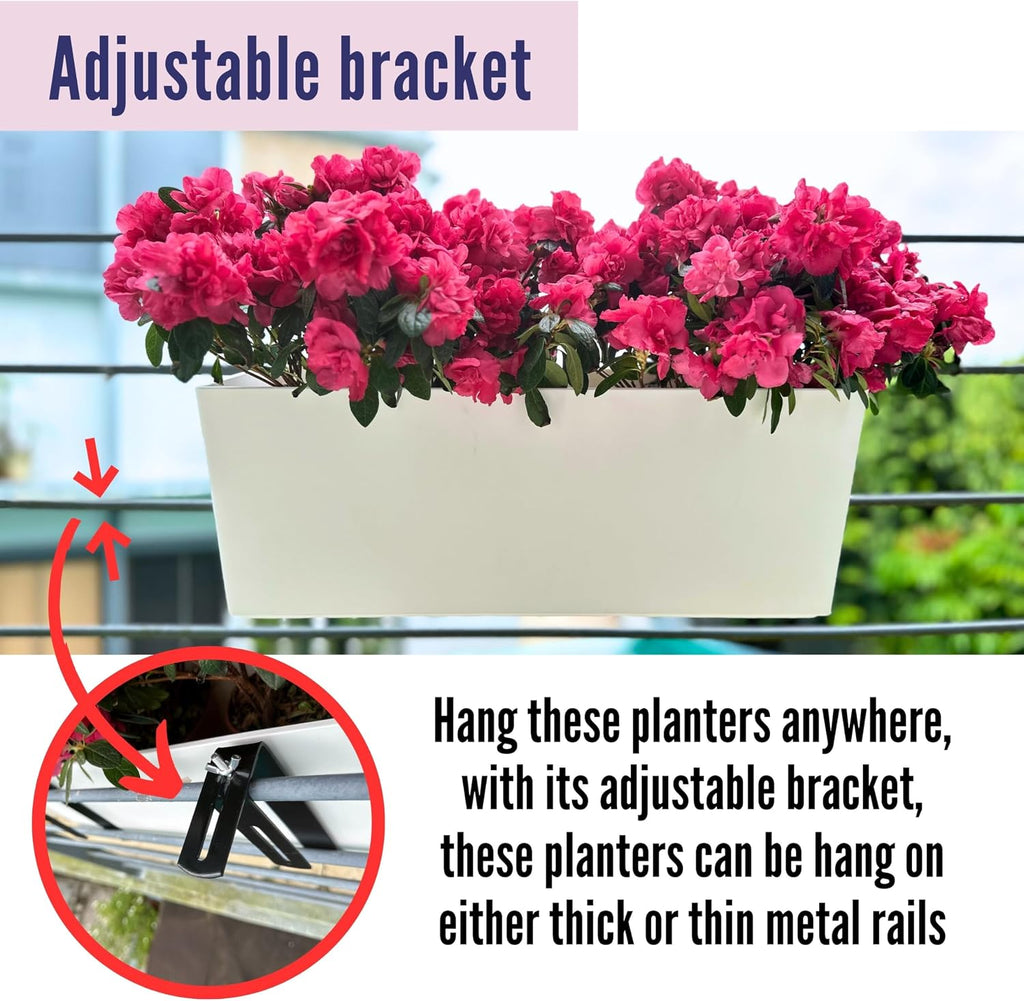 LaLaGreen Railing Planter Box (20 Inch, 4 Pack) White Rectangular Window Flower Boxes with Bracket, Self Watering