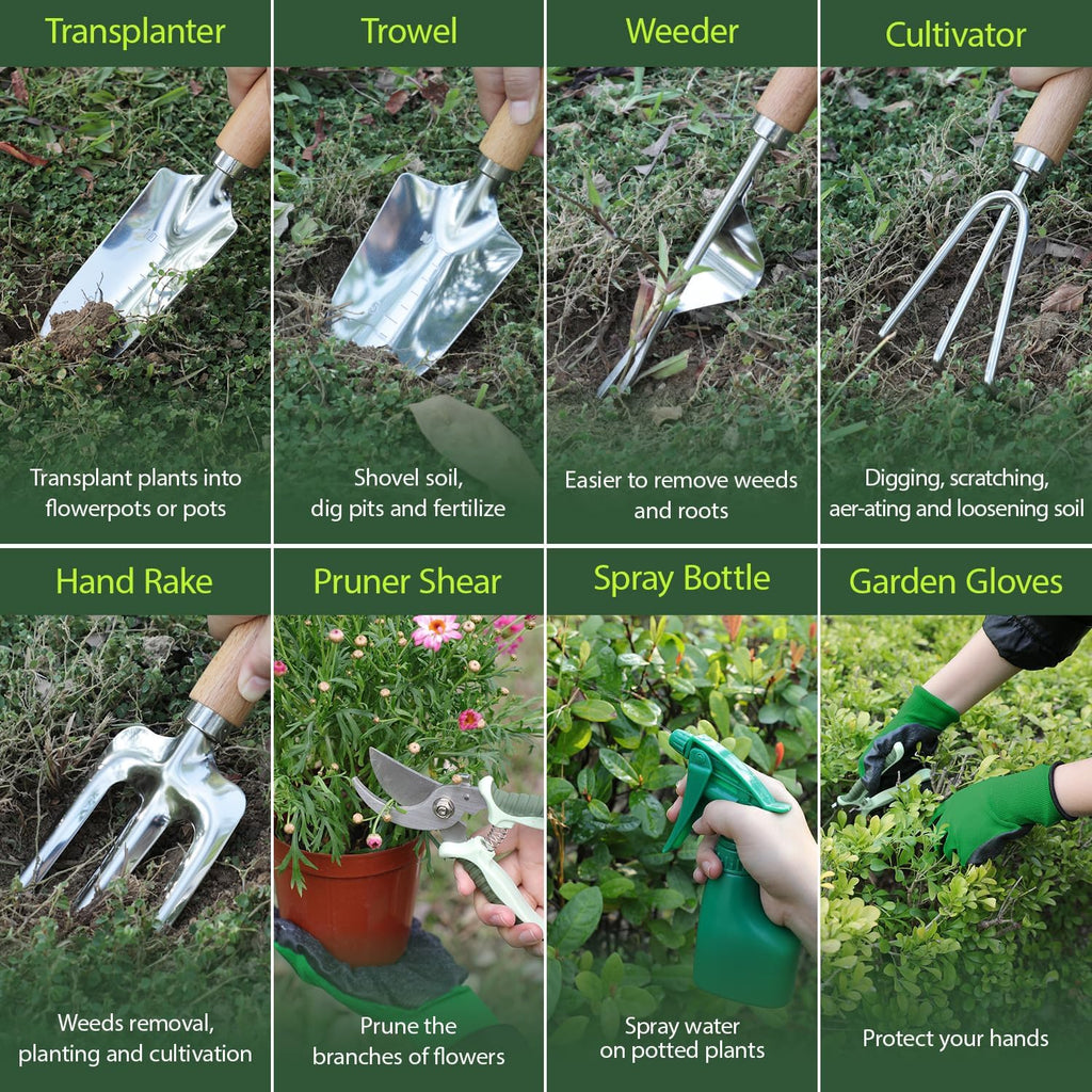 Garden Tool Set, 10 Piece Kit with Heavy Duty Folding Stool, Detachable Storage Tote Bag, Stainless Steel Tools, Gifts