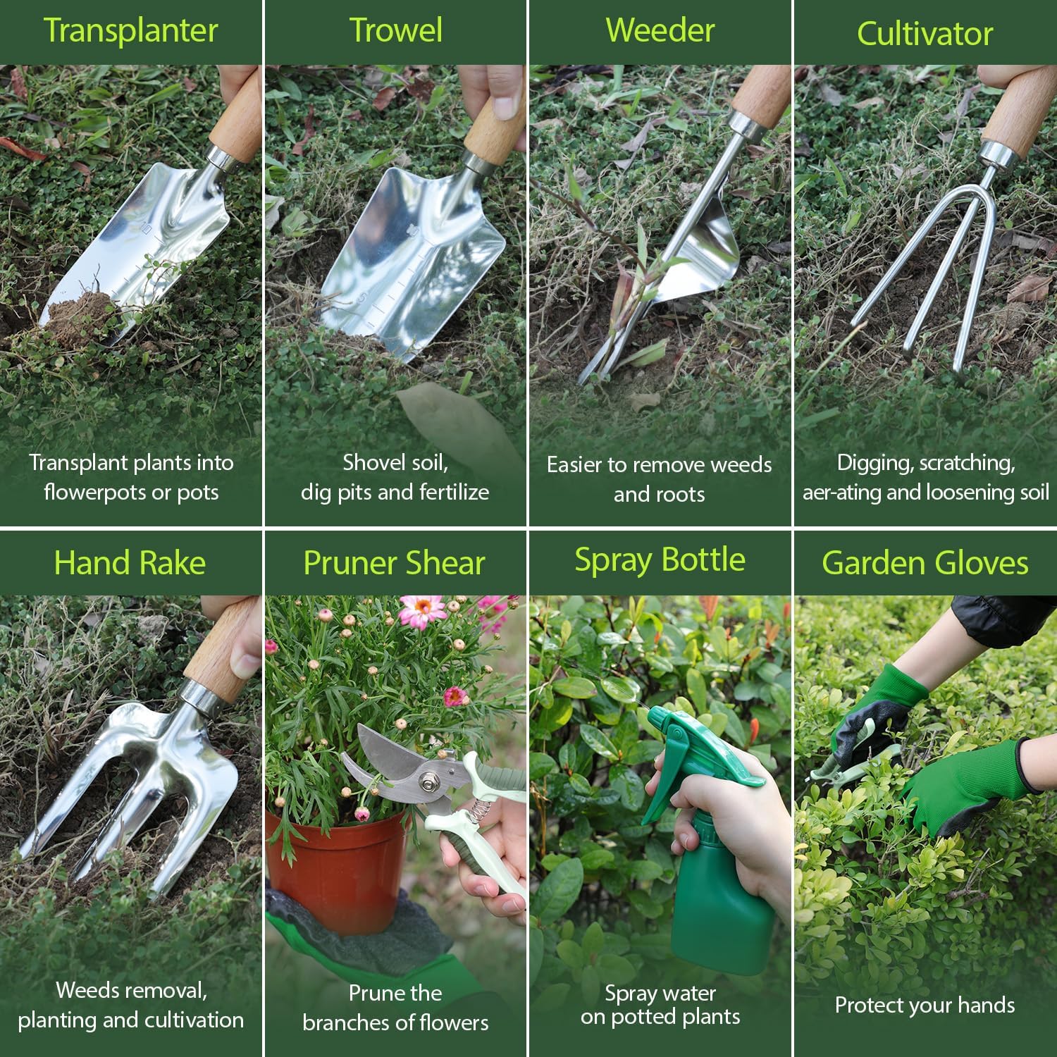 Garden Tool Set, 10 Piece Kit with Heavy Duty Folding Stool, Detachable Storage Tote Bag, Stainless Steel Tools, Gifts