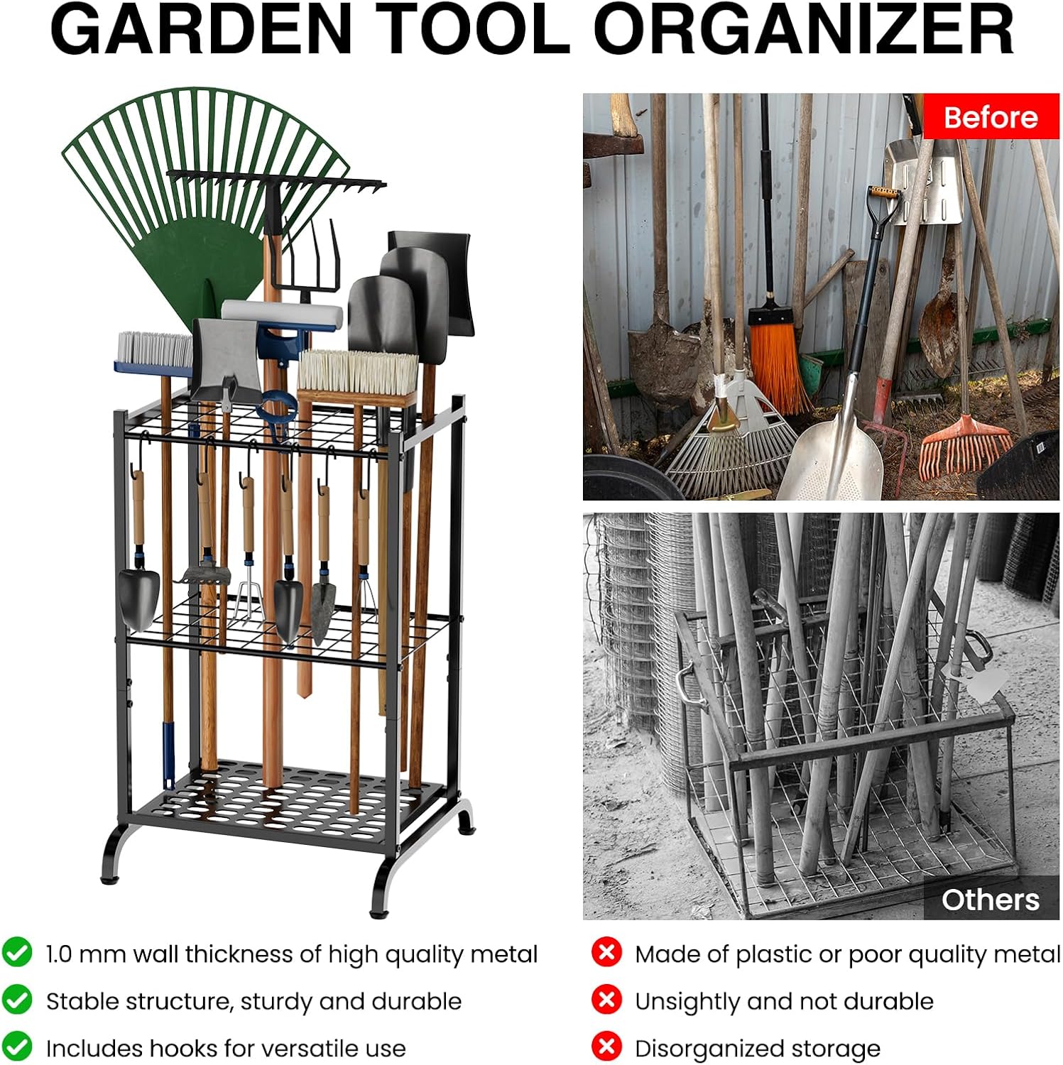 RANXFLOAT Garden Tool Organizer with Storage Hooks, Yard Tool Tower Rack for Garage Organization and Storage, Up to 35