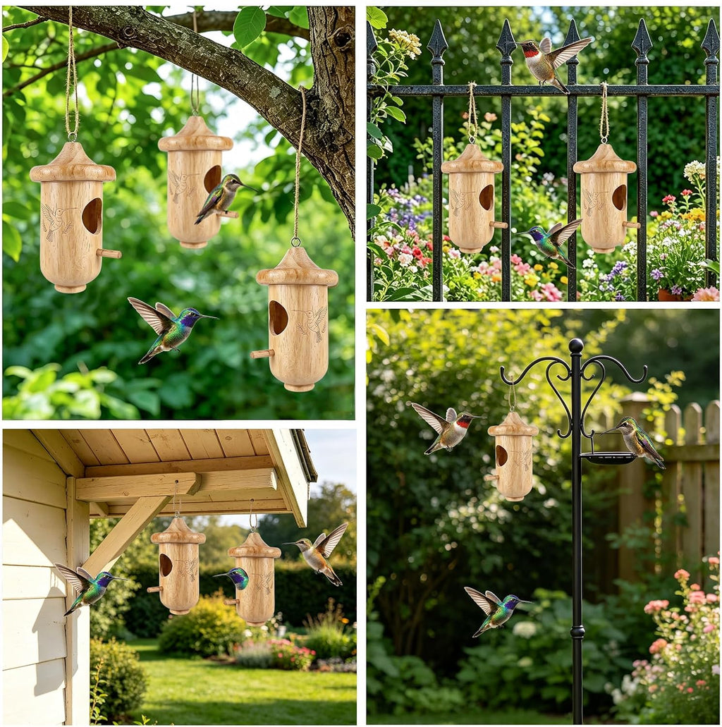 Hummingbird House, Hummingbird Houses for Outside Nesting with Bird Feeder | 3 Pcs Small Wooden Hummingbird Nest