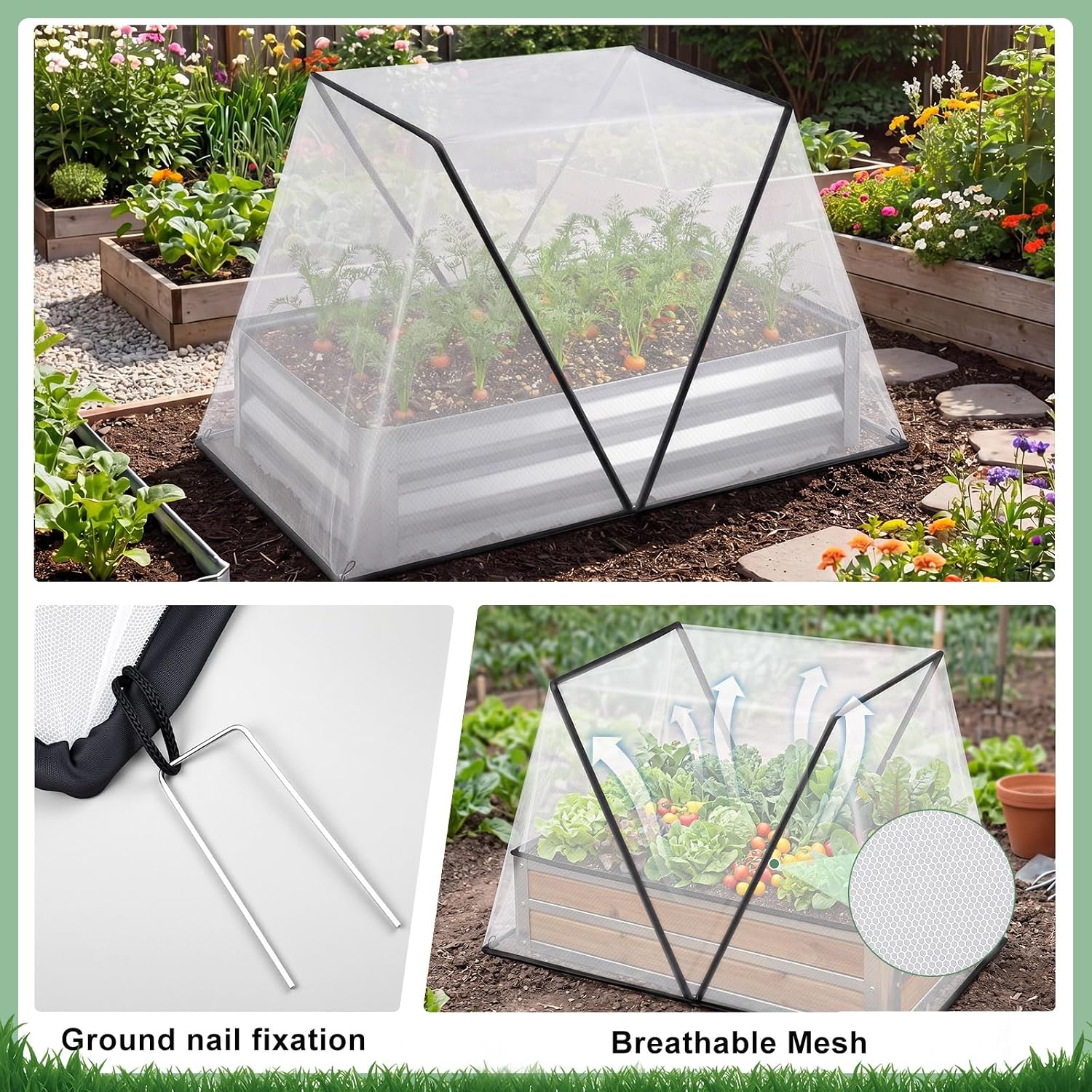 2 Pack Foldable Garden Bed Covers for Raised Beds, 55.1 x 27.6 x 23.62 in Mesh Plant Protector Net for 4 x 2 ft Beds