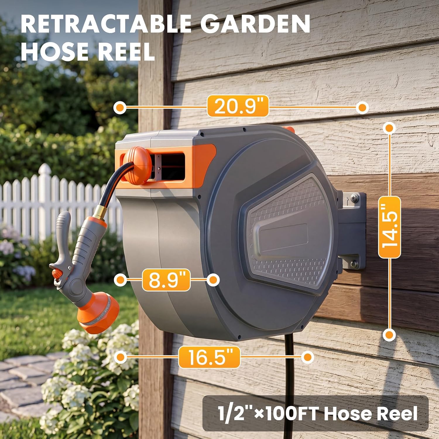 NEWBULIG Garden Hose Reel, 1/2" x 100 ft Retractable Heavy Duty Water Hose | Automatic Wall Mounted, 9 Pattern Hose