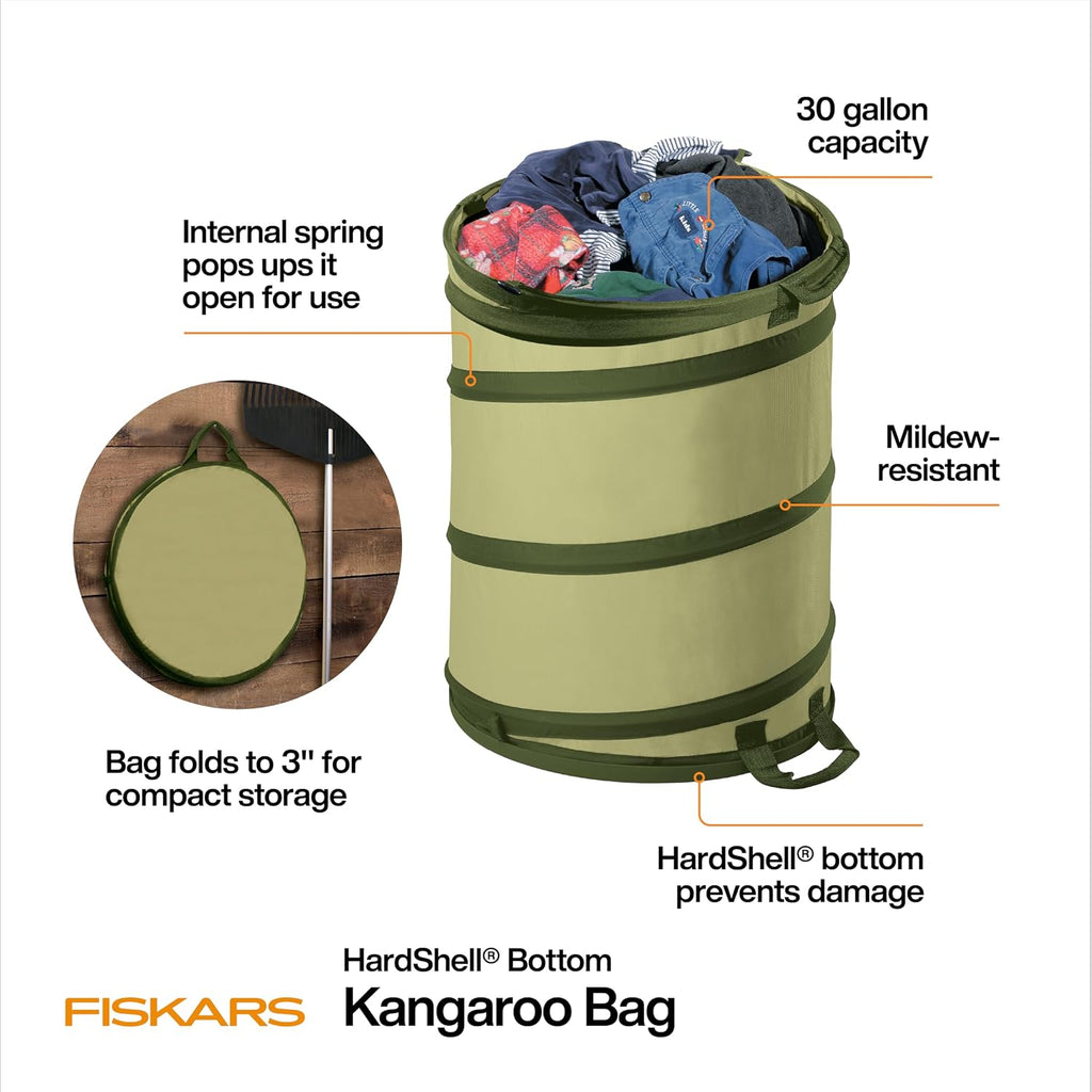 Fiskars Kangaroo Collapsible Garden Bag with Heavy Duty Hardshell Bottom for Leaf and Yard Waste, 30-Gallon Reusable