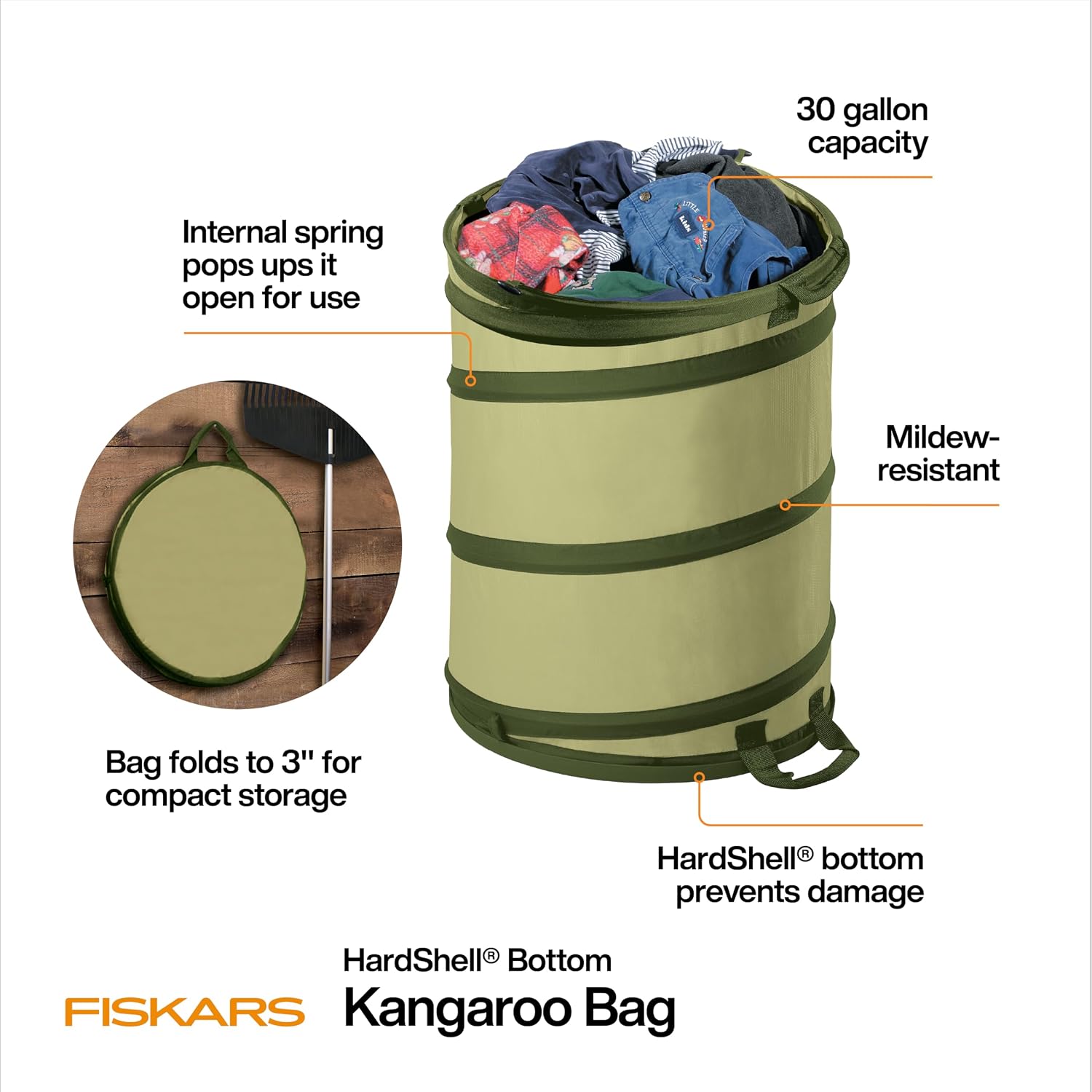Fiskars Kangaroo Collapsible Garden Bag with Heavy Duty Hardshell Bottom for Leaf and Yard Waste, 30-Gallon Reusable