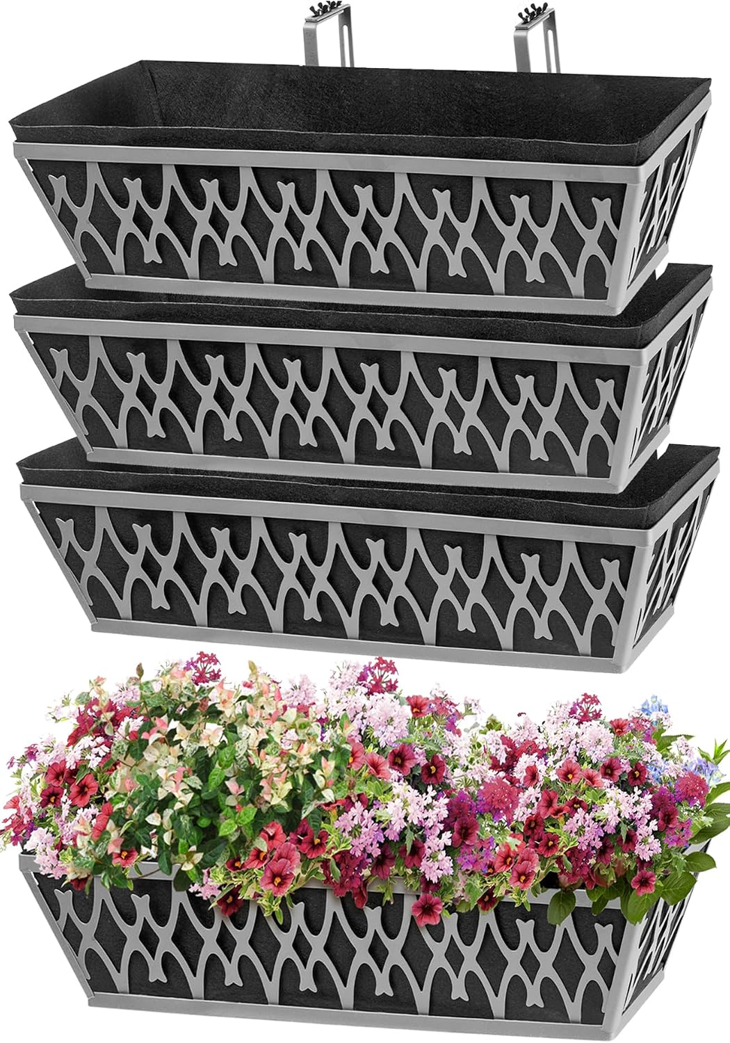 4 Pack 24 Inch Window Boxes Planters Railing Planter Box with Adjustable Brackets & Non-Woven Fabric Plant Grow Bags