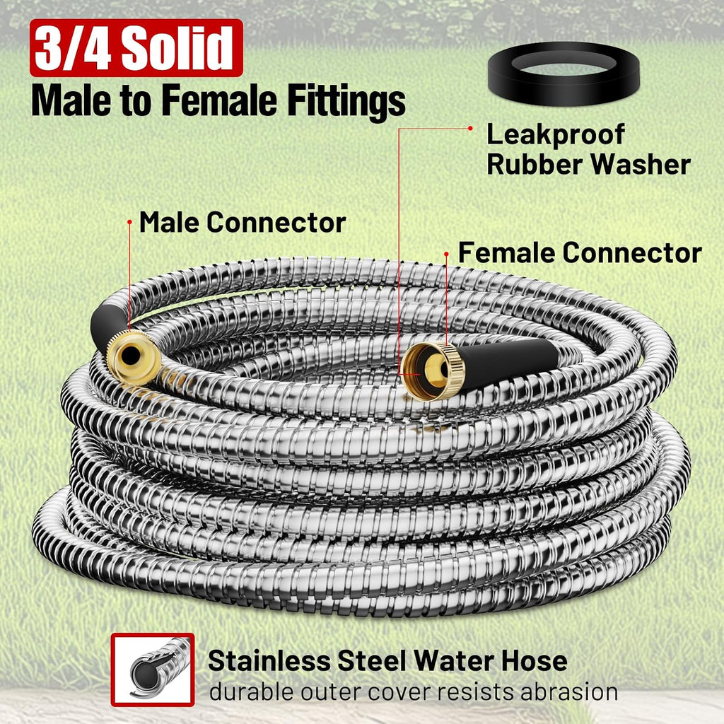 Beitopamz 100 ft Garden Hose, Stainless Steel Metal Water Hose with Nozzle, Flexible and Durable, Rust Proof, No-Kink