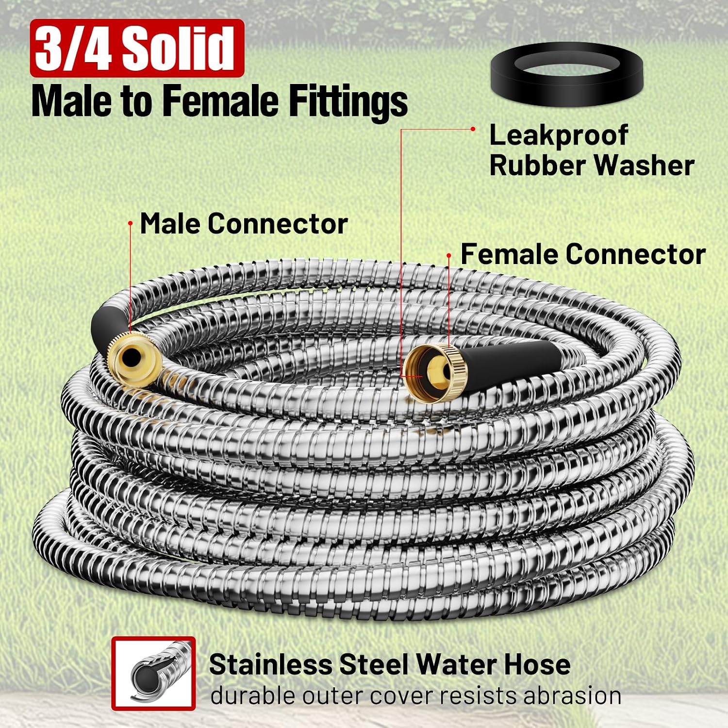 Beitopamz 100 ft Garden Hose, Stainless Steel Metal Water Hose with Nozzle, Flexible and Durable, Rust Proof, No-Kink
