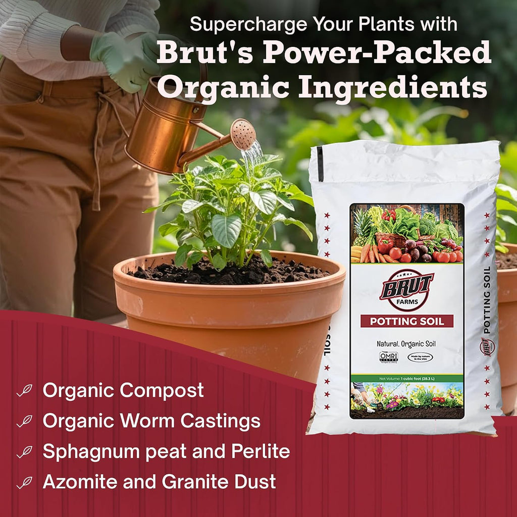 Brut Organic Potting Soil 1 CU FT – Premium Plant Soil with Organic Worm Castings, Trace Minerals & Perlite –