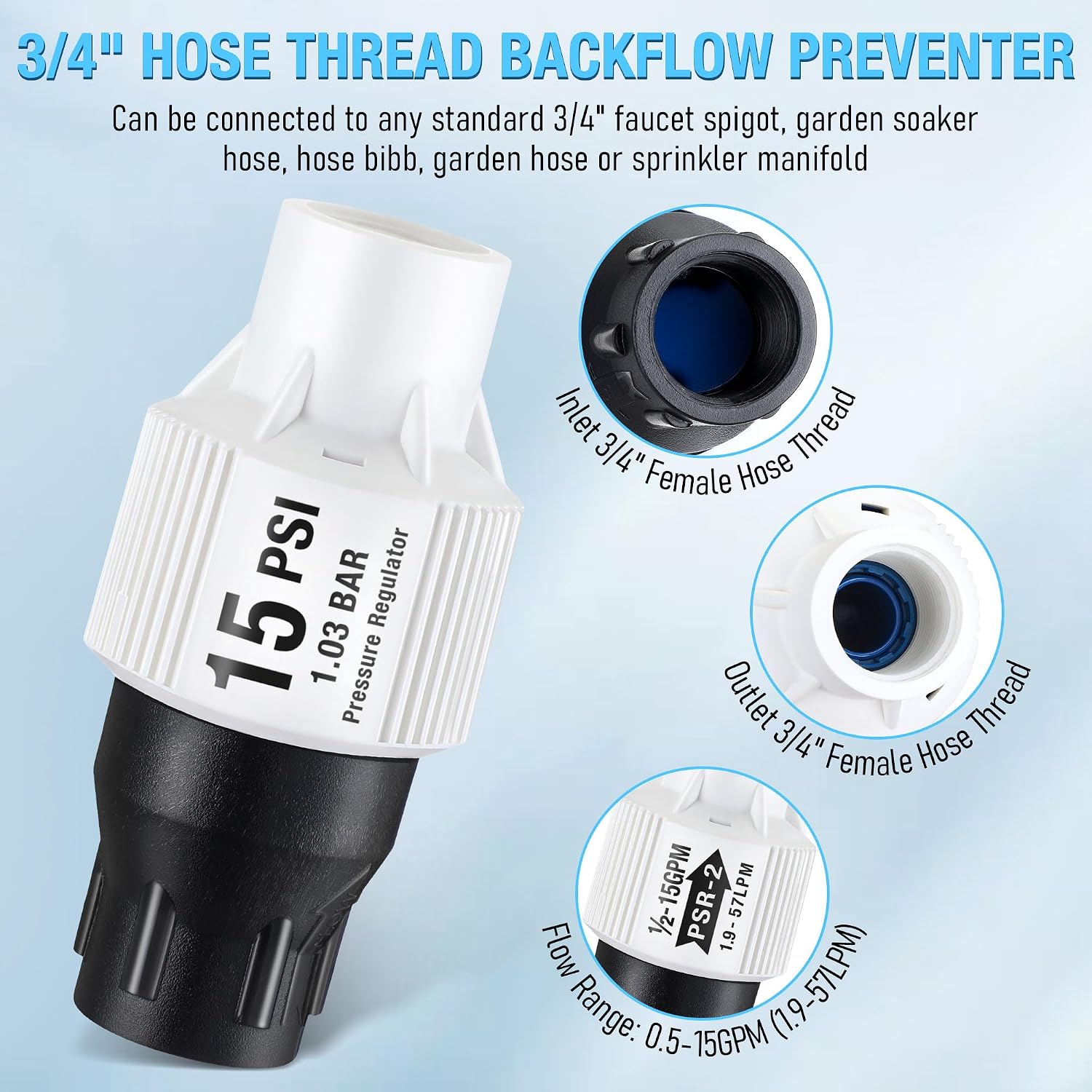 2 Pack Drip Irrigation Pressure Regulator Kit, 15 PSI | 15 PSI Pressure Regulator, Water Backflow Preventer for 3/4"