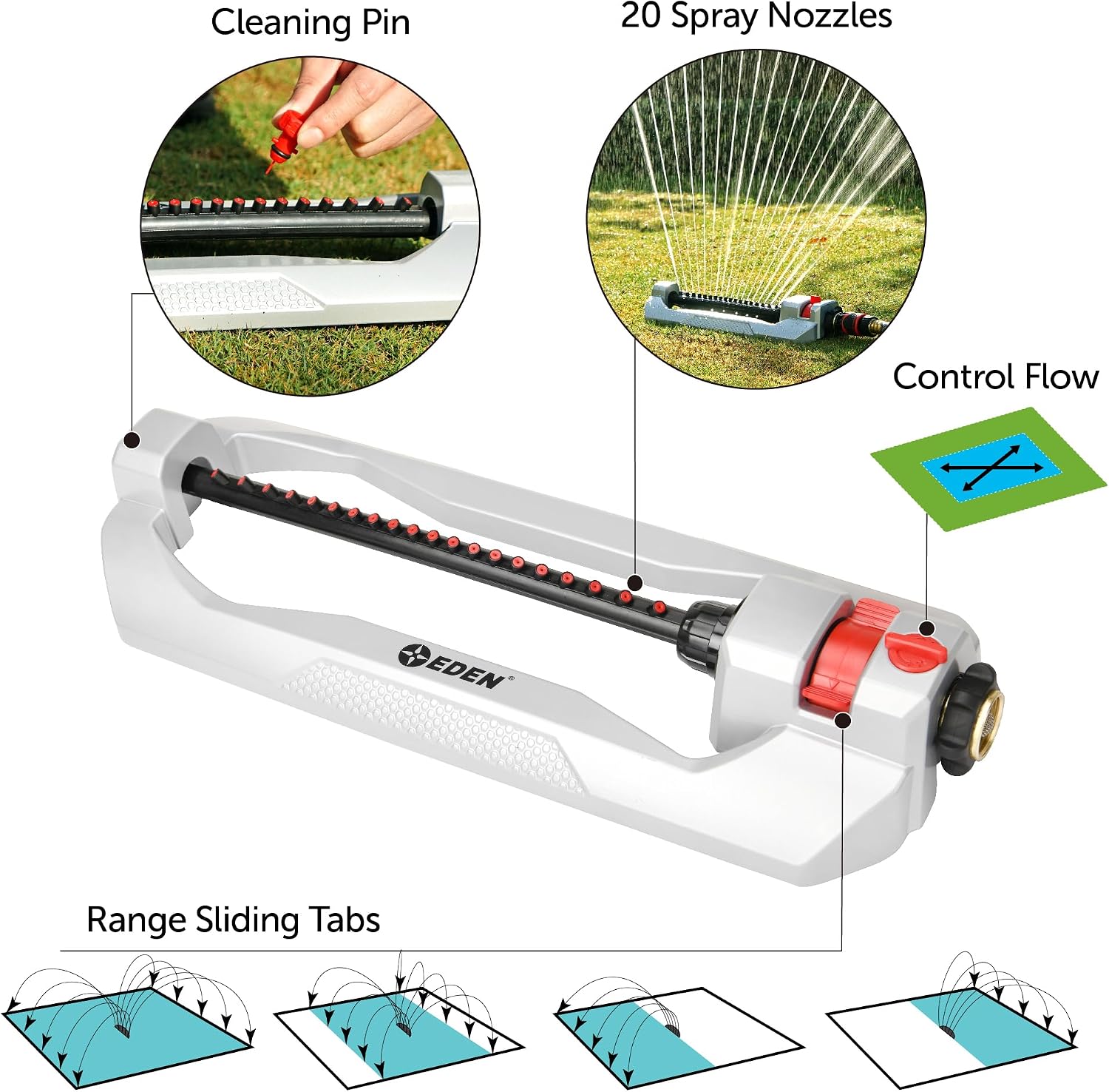 Eden 94111 Heavy Duty Metal Oscillating Sprinkler, Covers Up to 3,328 sq. ft., 20 Precision Nozzles, Flow Control
