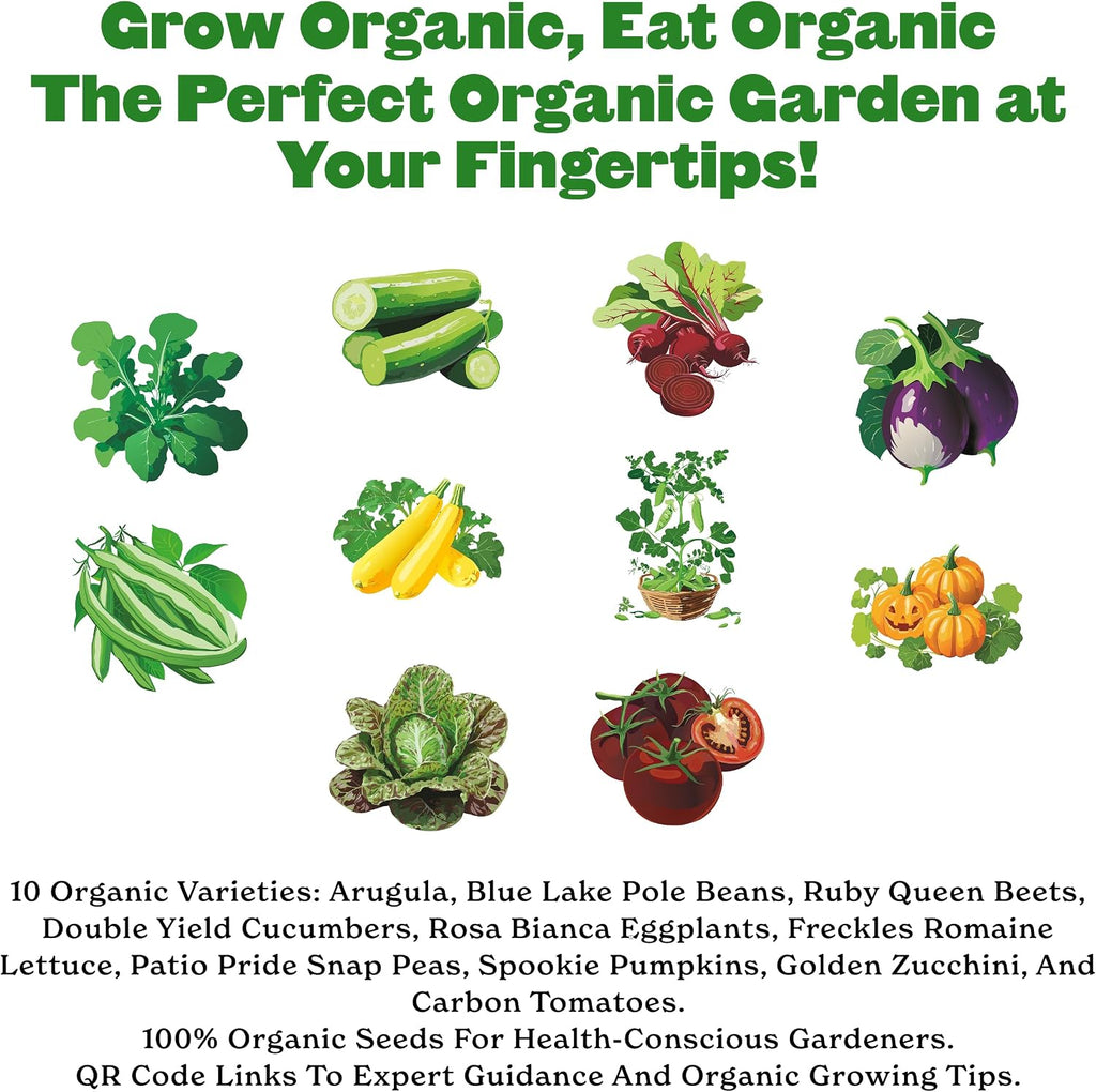Organic Vegetable Garden Kit - 10 Non-GMO Varieties, Includes Tomatoes, Squash, Pumpkins, Beans & More, Perfect for