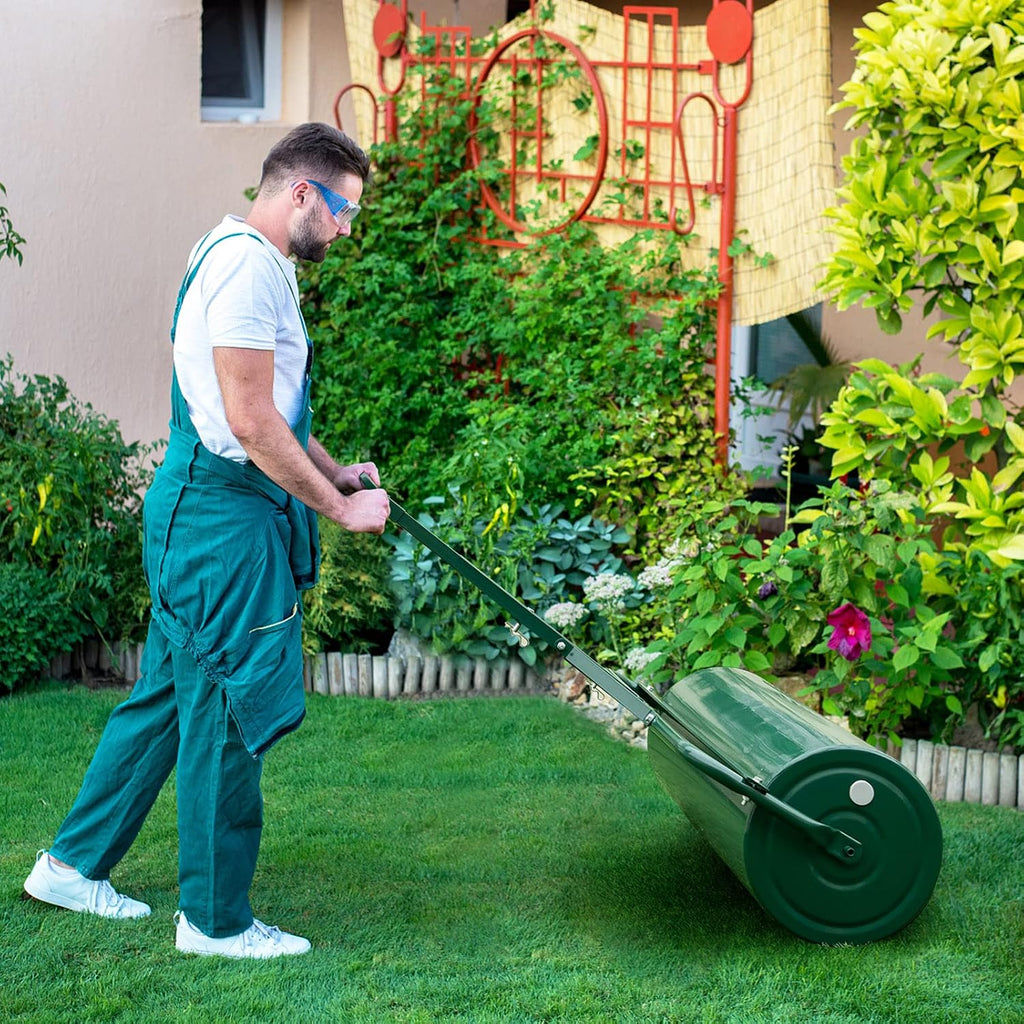 IRONMAX 17 Gallons/63 L Manual Lawn Roller, Water & Sand Fillable, Green | Heavy Duty Tow-Behind Steel Sod Roller with