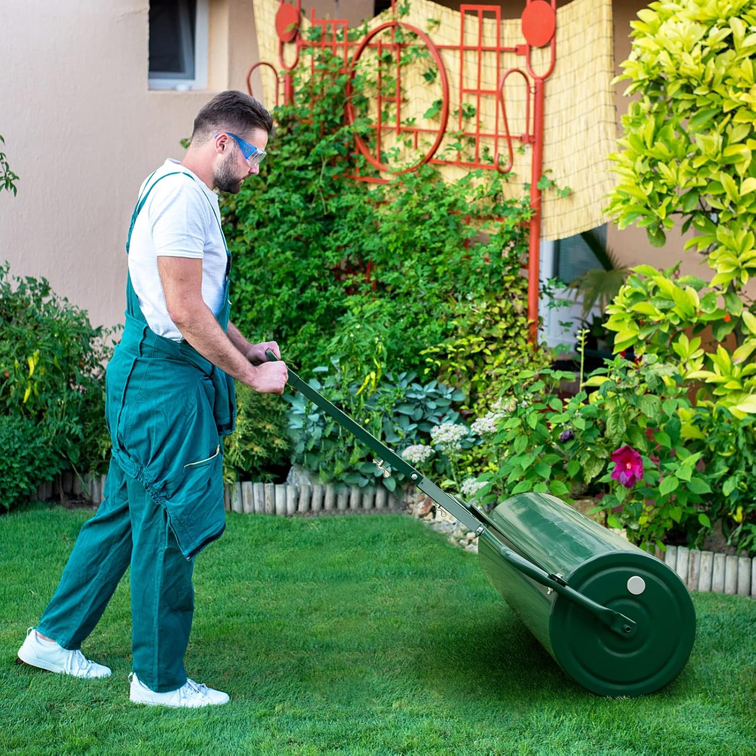 IRONMAX 17 Gallons/63 L Manual Lawn Roller, Water & Sand Fillable, Green | Heavy Duty Tow-Behind Steel Sod Roller with