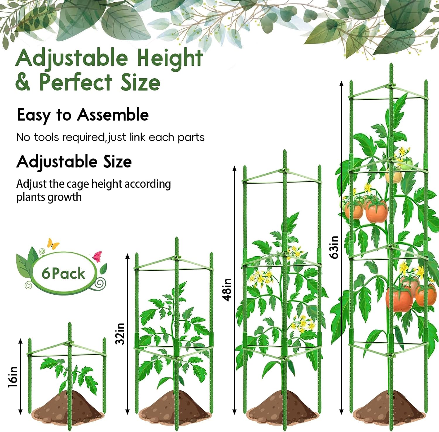 Riare 6 Pack 5.2 FT Tomato Cages for Garden, Heavy Duty Tomato Trellis | Adjustable, Reusable, Tall Tomato Plant
