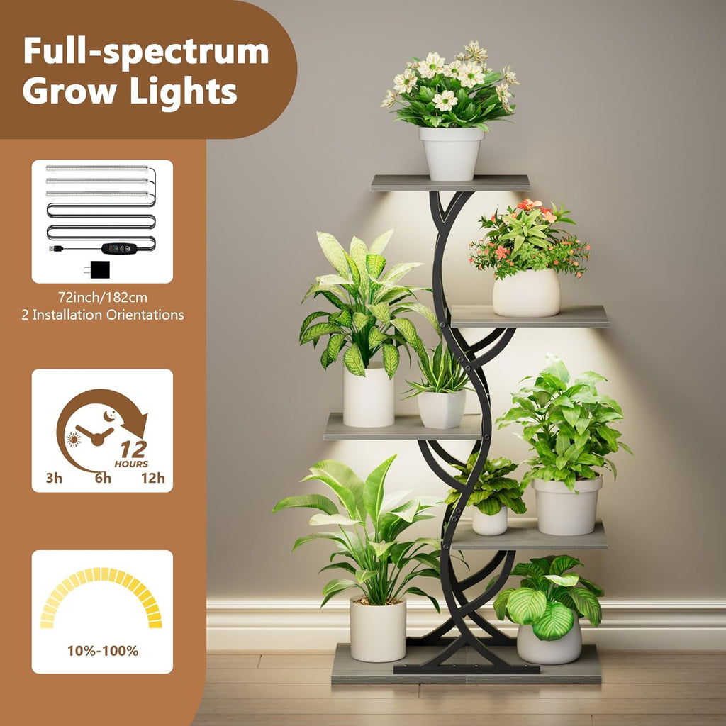 Plant Stand Indoor with Grow Lights - 5 Tiered Corner Plant Shelves (Gray) | 44" Tall Metal Plant Shelf, S-Shape