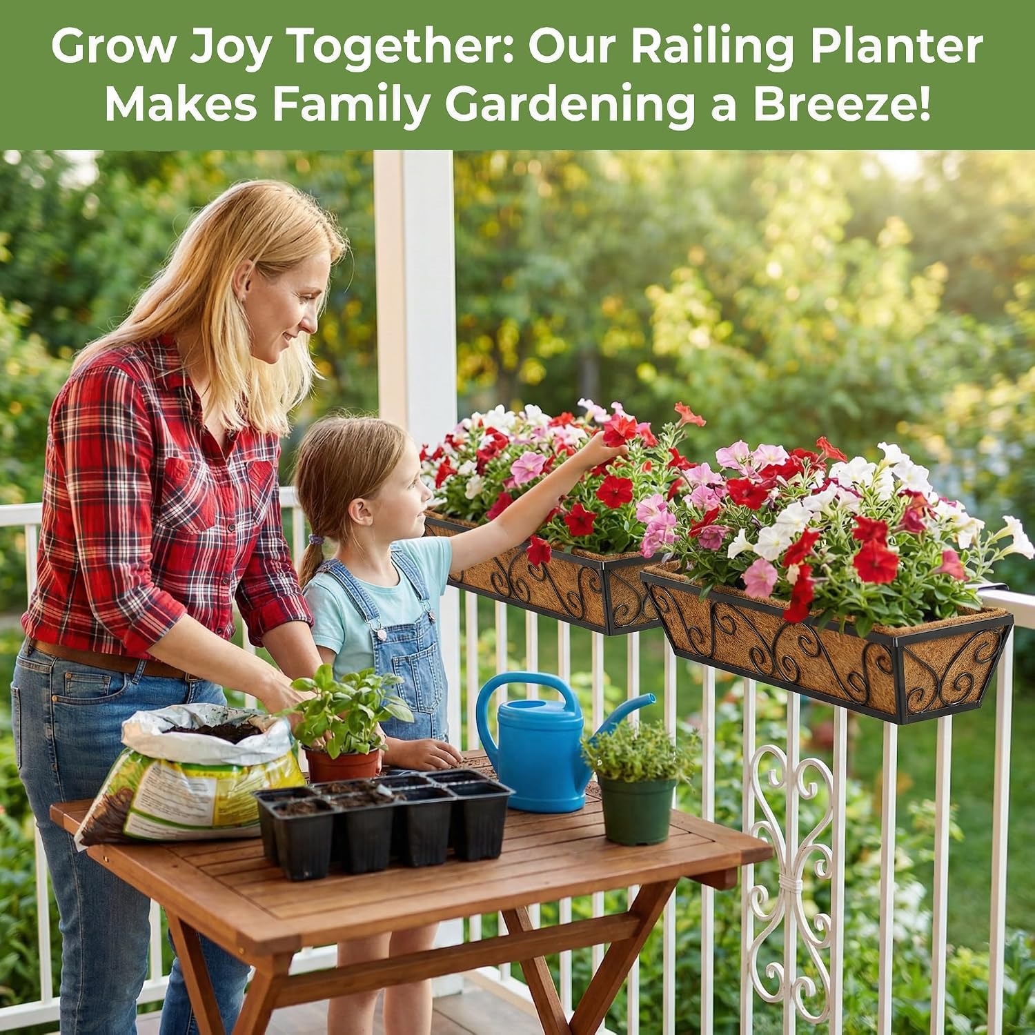 HFHOME 24 Inch Railing Planter Box with Coco Liners for Porch, Fence, Patio, Balcony Hanging Flower Railing Baskets