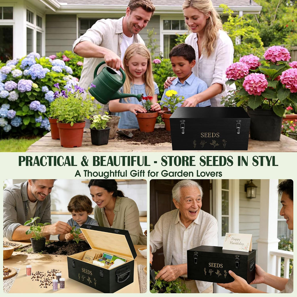 Bamboo Seed Storage Organizer, Large Garden Seed Organizer with Lid & Safety Lock & Handles, Seed Box Includes Seed