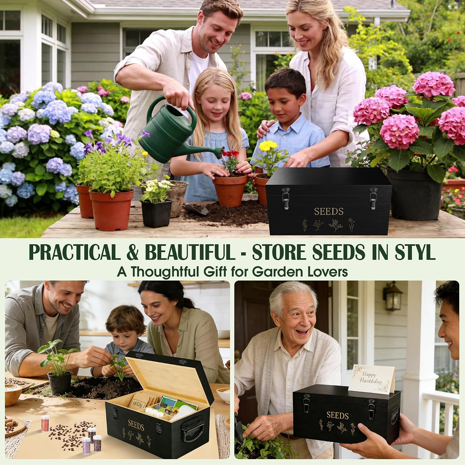 Bamboo Seed Storage Organizer, Large Garden Seed Organizer with Lid & Safety Lock & Handles, Seed Box Includes Seed