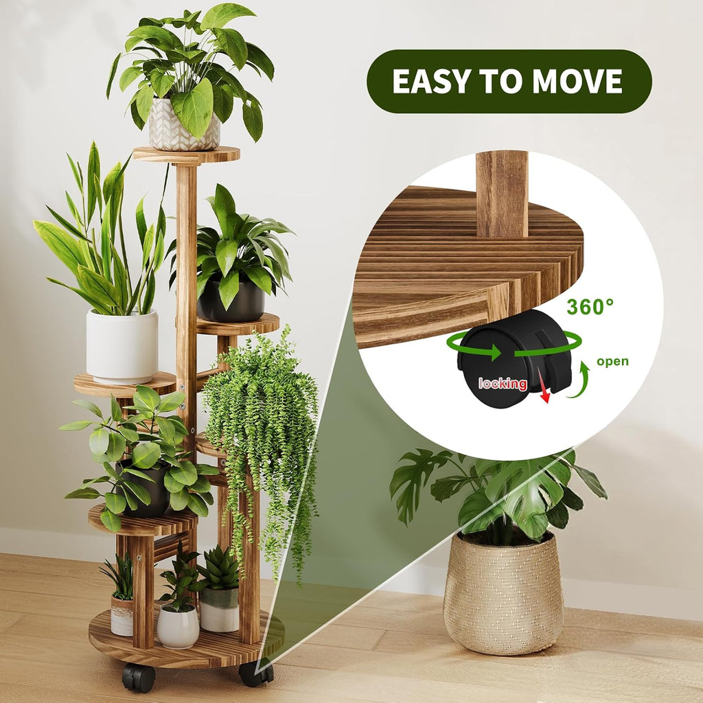 5 Tier Plant Stand - Wood Corner Plant Stand Indoor with 4 Wheels, Tall Plant Shelf for Multiple Pot Flower Stands