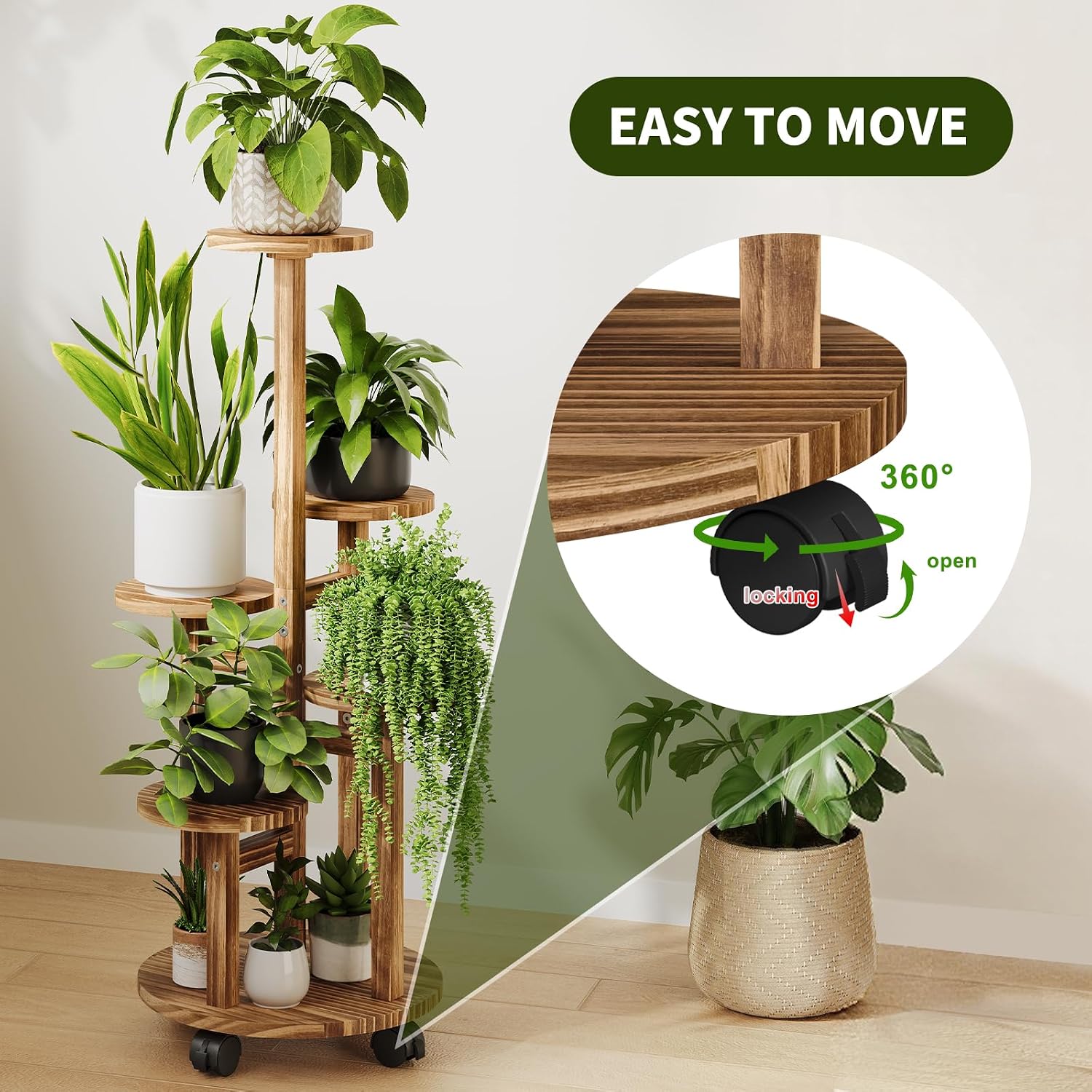5 Tier Plant Stand - Wood Corner Plant Stand Indoor with 4 Wheels, Tall Plant Shelf for Multiple Pot Flower Stands