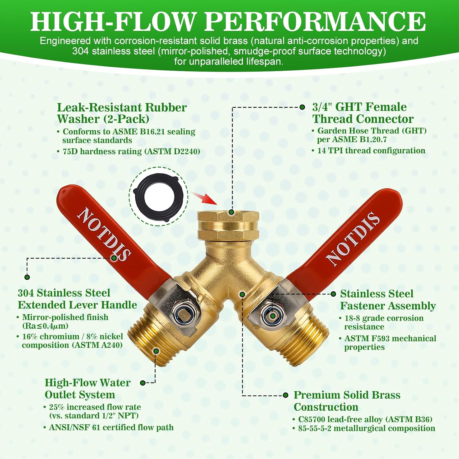Hose Splitter 2 Way Heavy Duty Brass Garden Hose Splitter with 304 Stainless Steel Long Handle Outdoor Full Flow Hose
