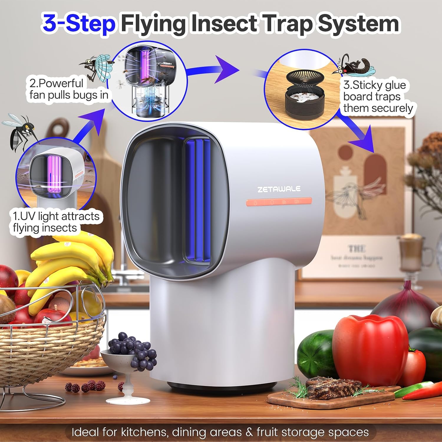 Fruit Fly Traps for Indoors, Gnat and Insects Catcher for House with UV Light, Heat Lure, Fan Suction, Ideal for