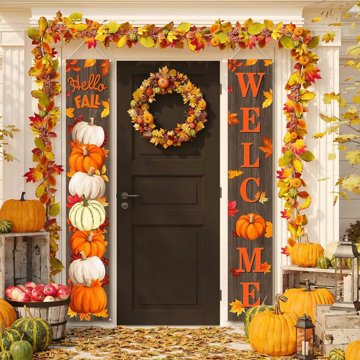Fall Porch Banner Pumpkin Thanksgiving Door Decorations for Home Decor