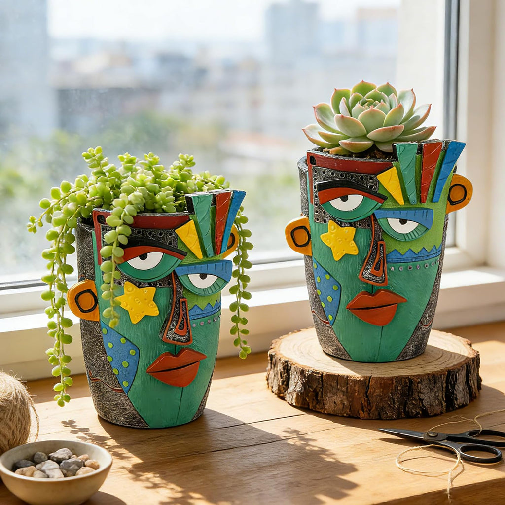 Abstract Face Planter Pot - 8inch Picasso Style Unique Plant Pots | Planters for Indoor Plants with Drainage Hole, Fun