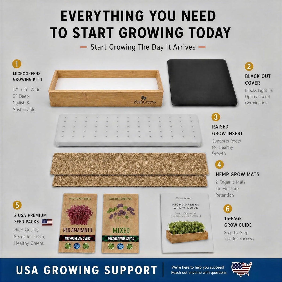 Microgreens Growing Kit - Self-Watering Bamboo Grow Tray | Includes tray, seeds, mats and bamboo surround for easy