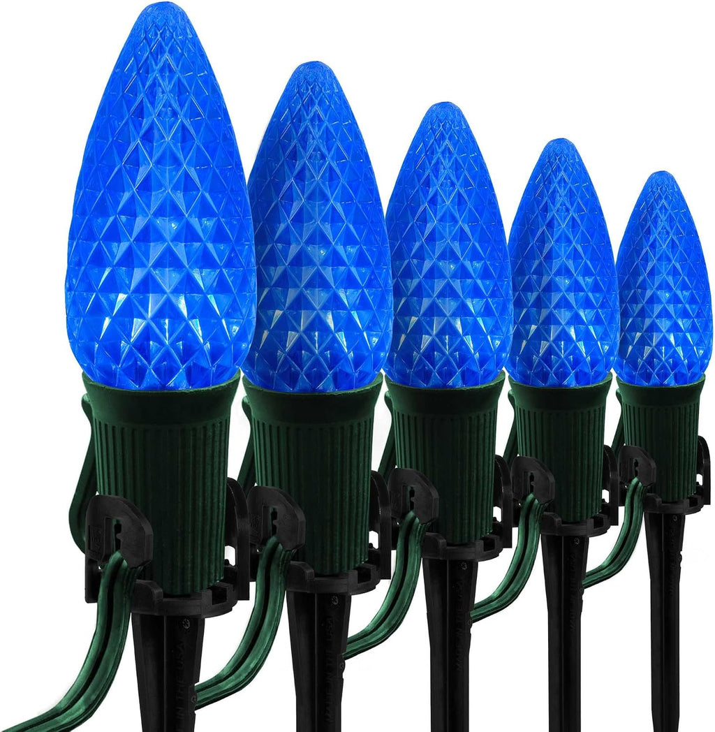 Wintergreen Lighting 50' OptiCore LED C9 Blue Pathway Christmas Lights, Heavy Duty Bulbs for Driveway, Walkway Marker, 5" Commercial PathPRO Stakes, 18 Gauge Green Wire