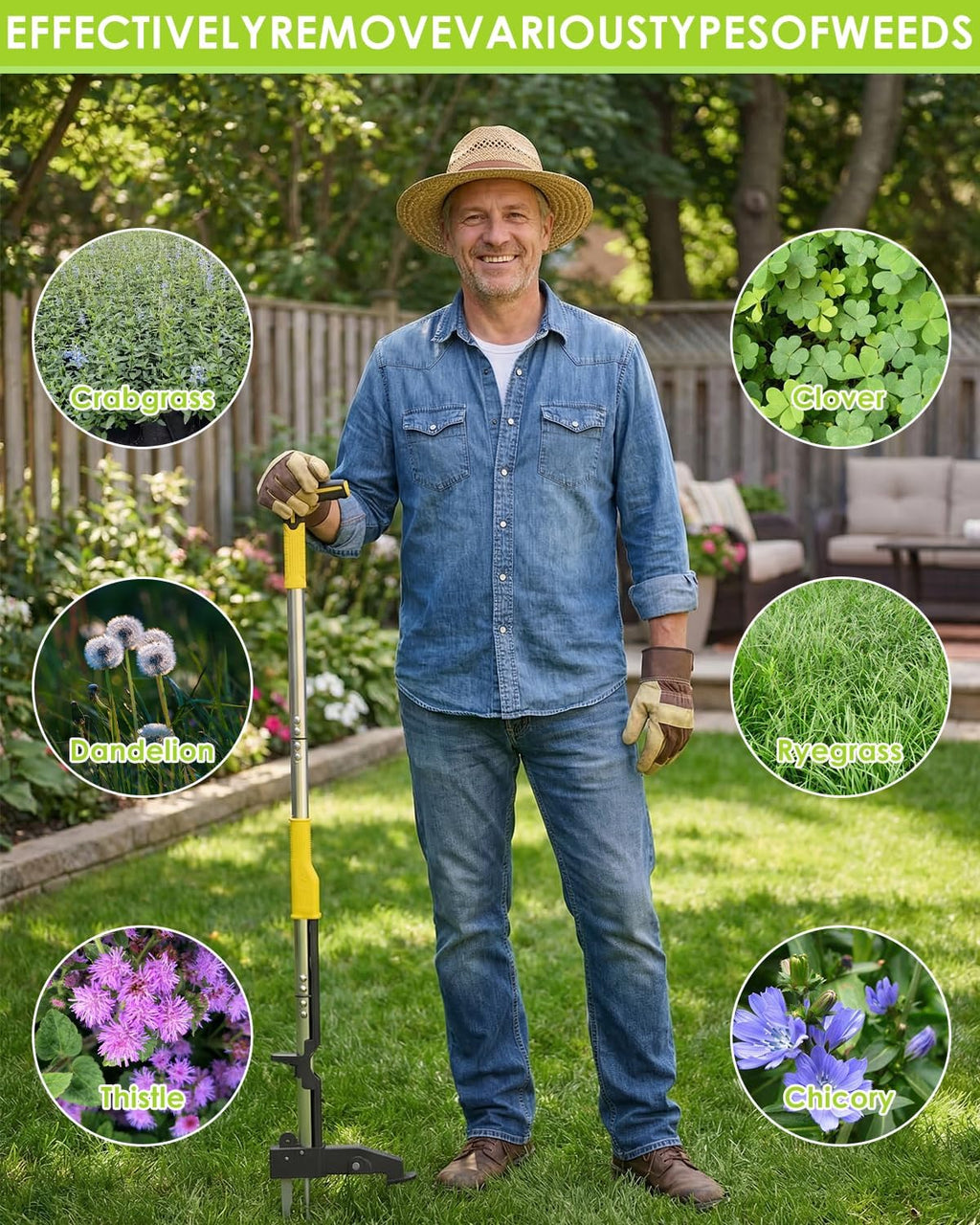 Luvenia Heavy Duty Stand Up Weed Puller Tool, Weed Removal Tool with 41.3" Long Handle & 4 Claw Steel Head, Garden Hand