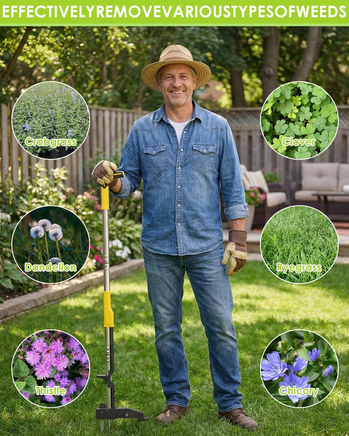 Luvenia Heavy Duty Stand Up Weed Puller Tool, Weed Removal Tool with 41.3" Long Handle & 4 Claw Steel Head, Garden Hand