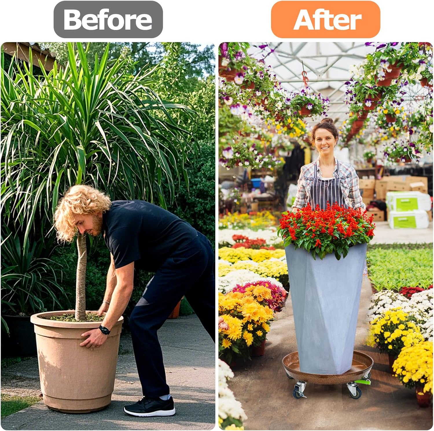 2 Pack Heavy Duty Plant Caddy, 16 Inch | Metal Rolling Plant Stand with Lockable Wheels, Drainage Tray, Round Pot