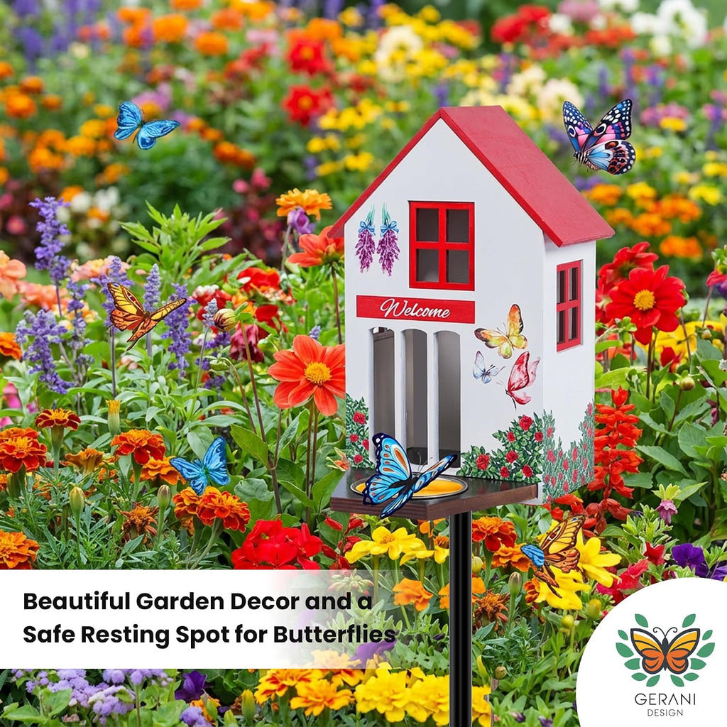 Butterfly House and Feeder for Outside - Wooden Butterfly Shelter with Metal Stake for Garden - 3 Mount Options