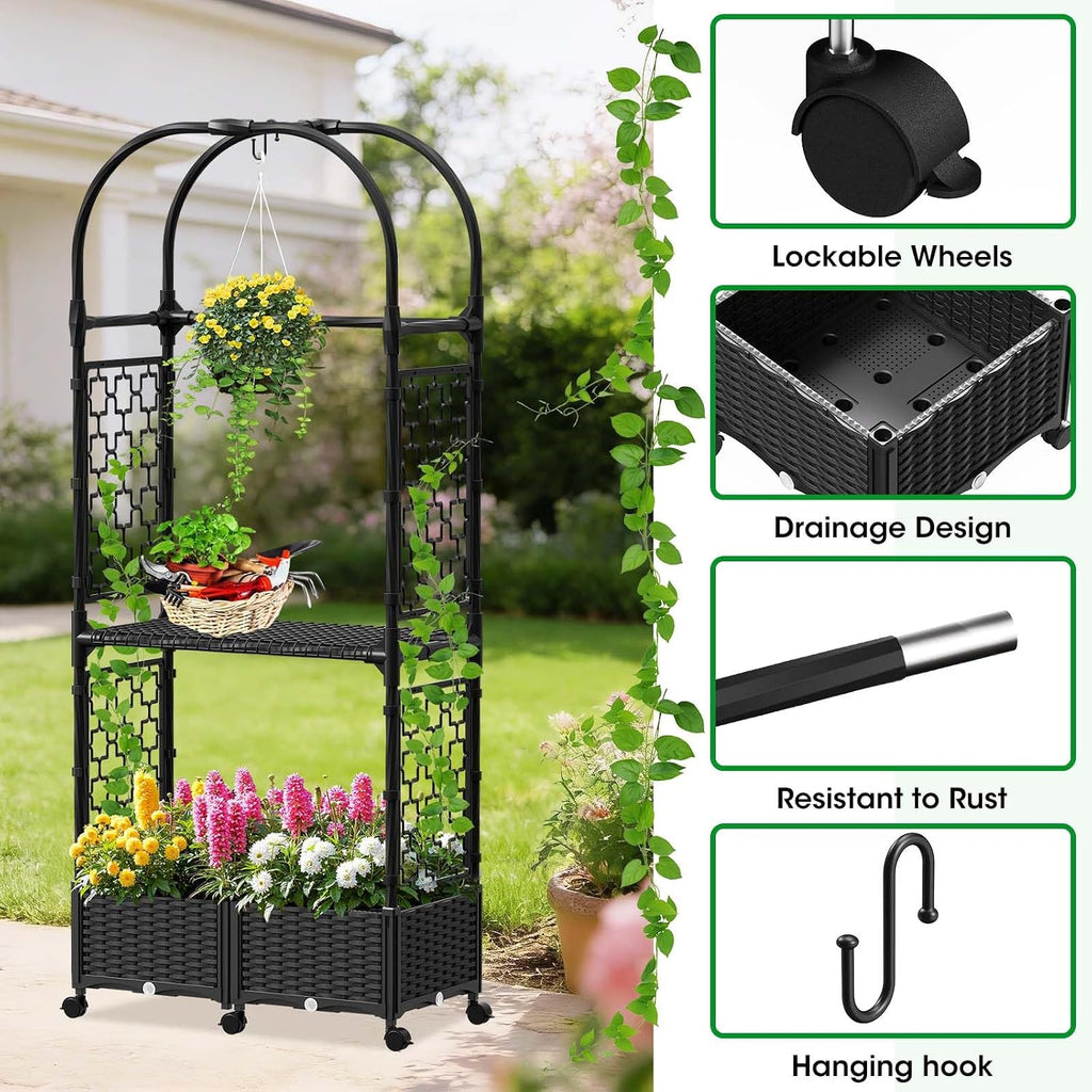 Planter Box with Trellis,5.9ft/71in Self Watering Raised Garden Bed with Wheels and Storage Shelf,Drainage Holes,for