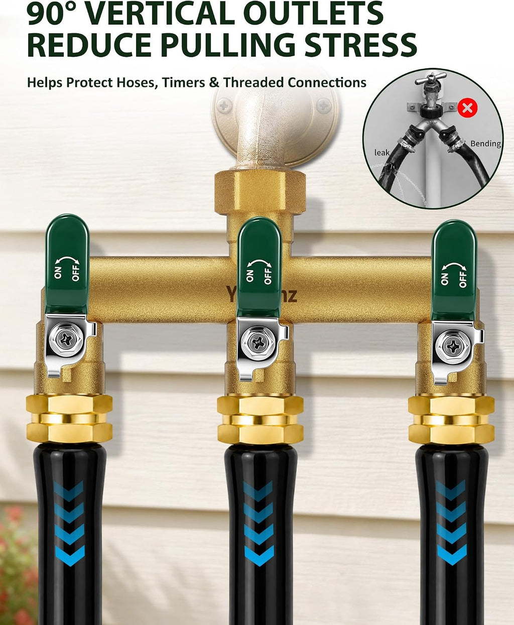 3 Way Garden Hose Splitter, 3/4" GHT Full Flow Hose Splitter | One-Piece Heavy Duty Full Brass Body with Shut-off