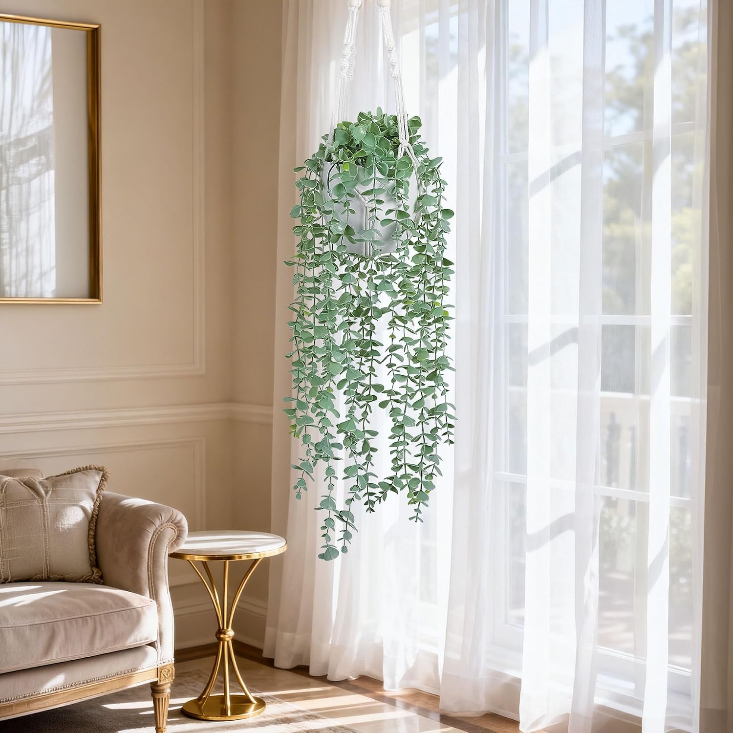 DREAMLOOM 2 Packs Fake Hanging Plants with Pots, Artificial Eucalyptus Hanging Plants with Macrame Hanger for Indoor