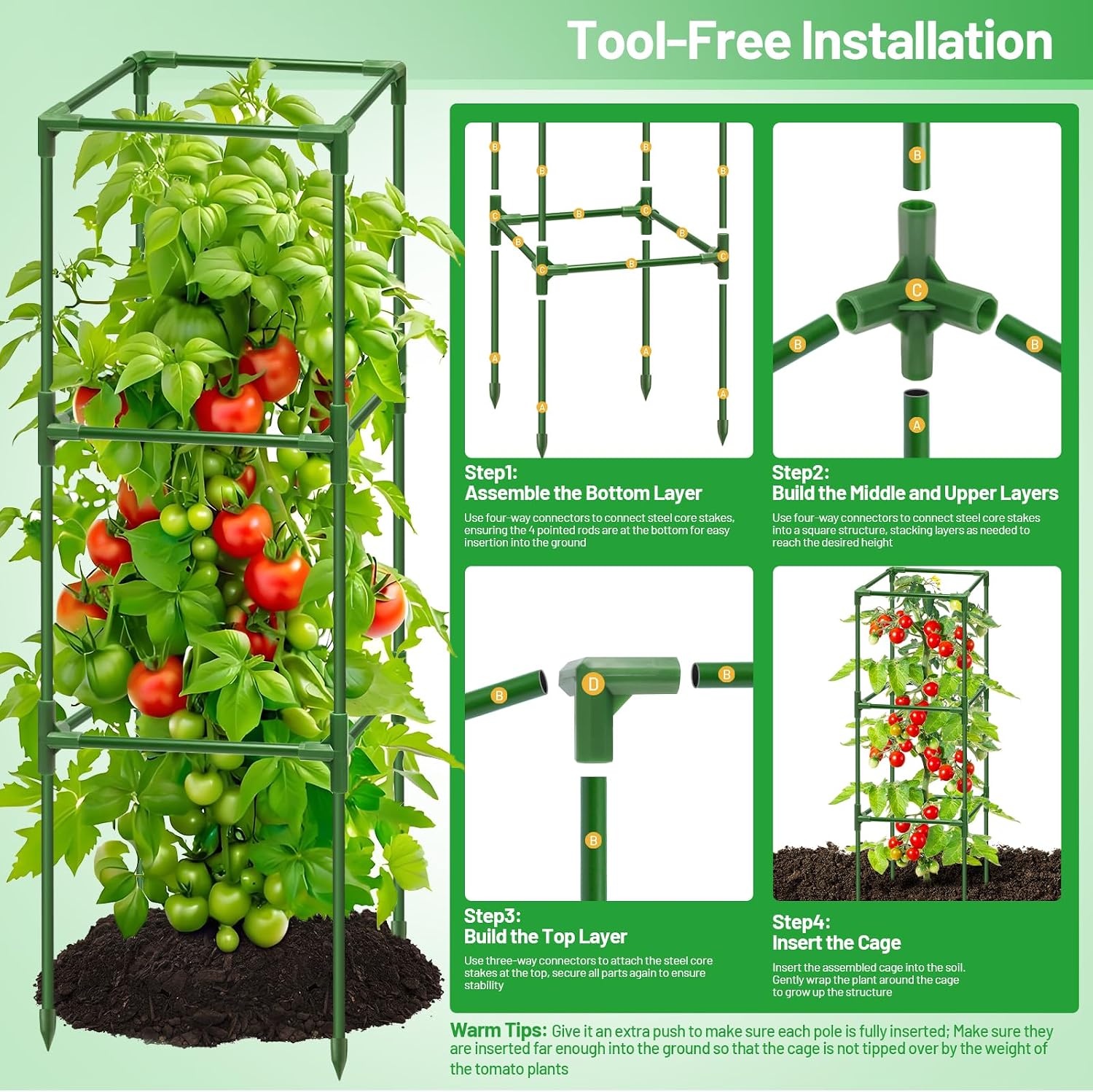 4 Pack 45 Inch Tomato Cages for Garden, Heavy Duty Tomato Trellis | Adjustable & Reusable Square Tomato Plant Support