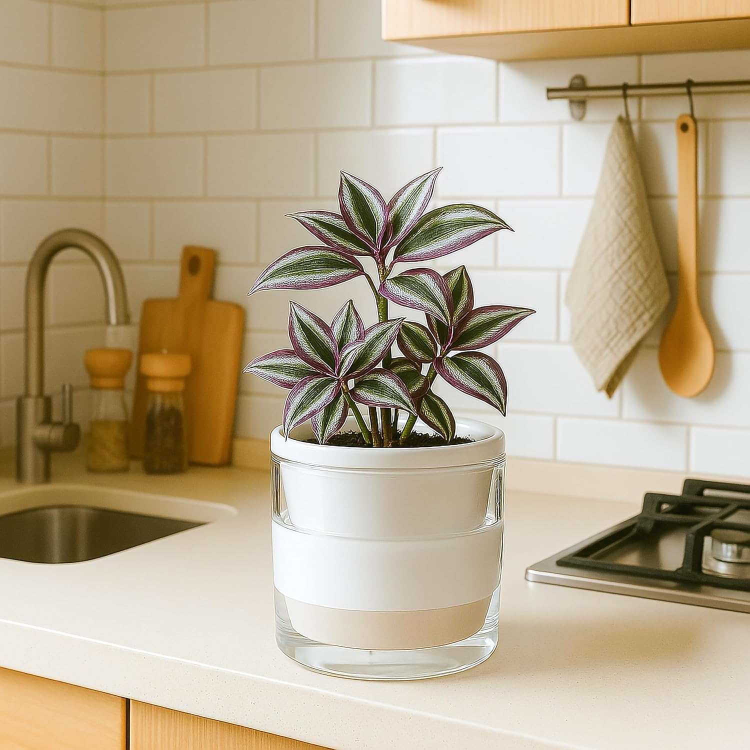 D'vine Dev Self-Watering White Terracotta Planter Pot, 6 in, 37-X-B-2 | Terracotta & Glass Design, Clear Water