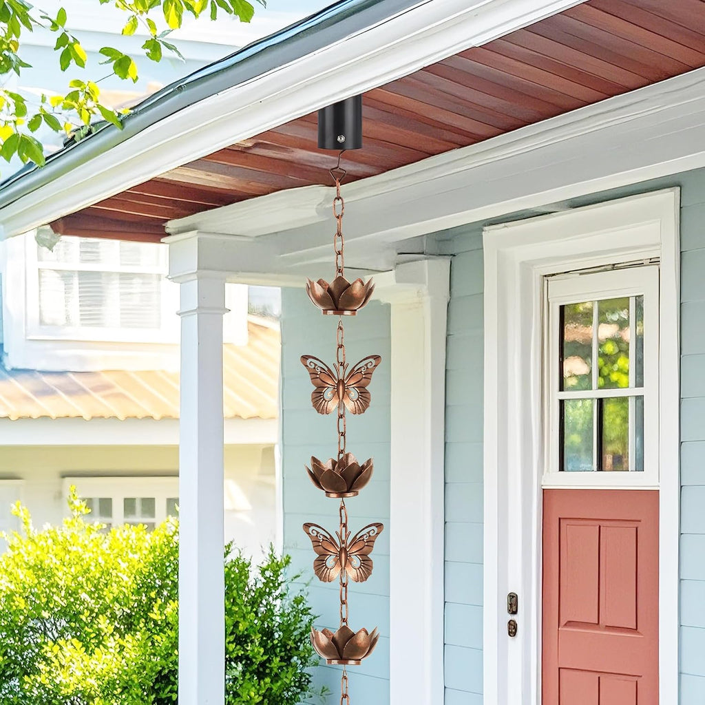 8.8ft Rain Chain for Gutters Downspouts Outside,Butterfly Rain Chain Cups with 12 Copper Chain Adjustable Lotus Rain